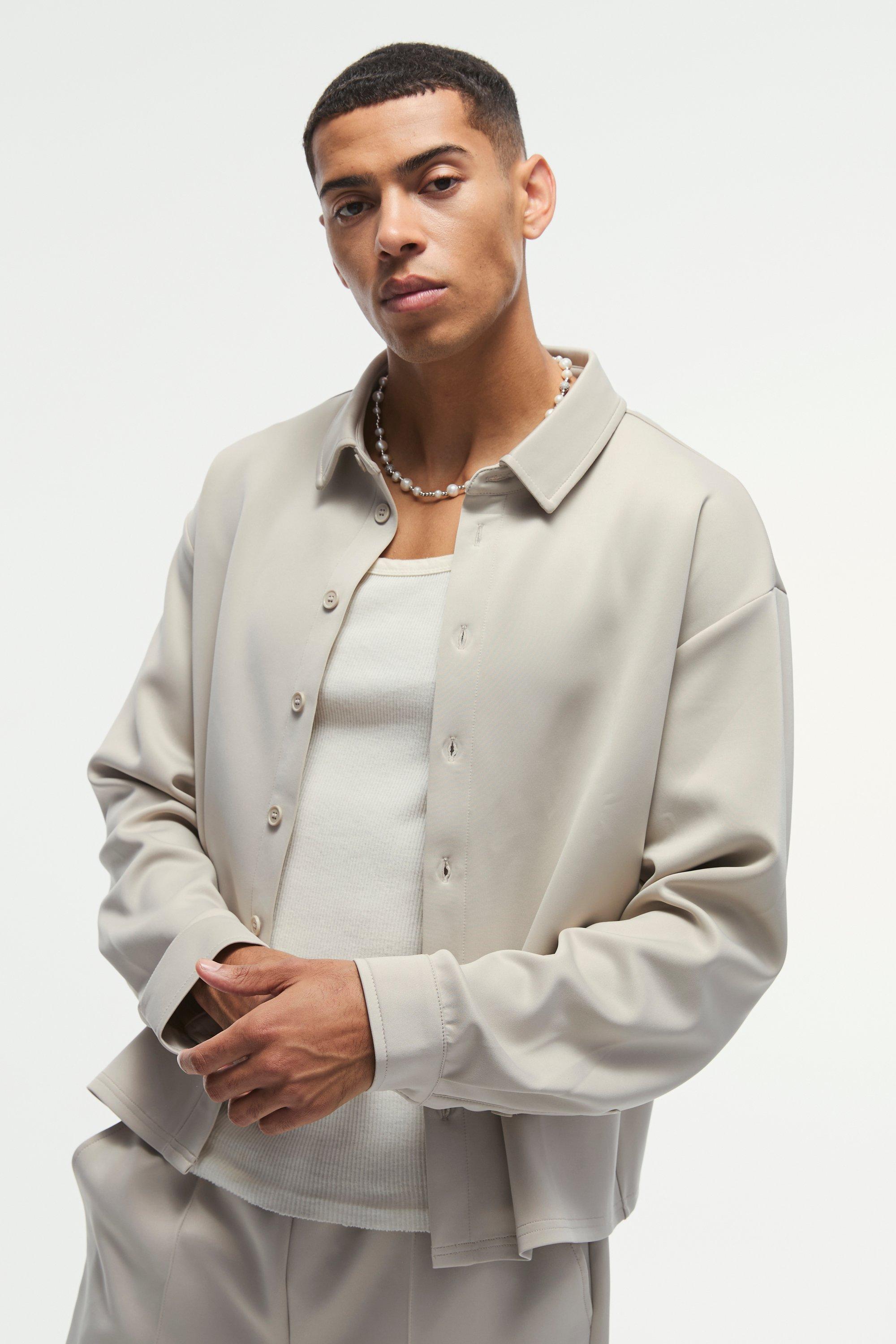 Mens Beige Oversized Scuba Boxy Shirt, Beige