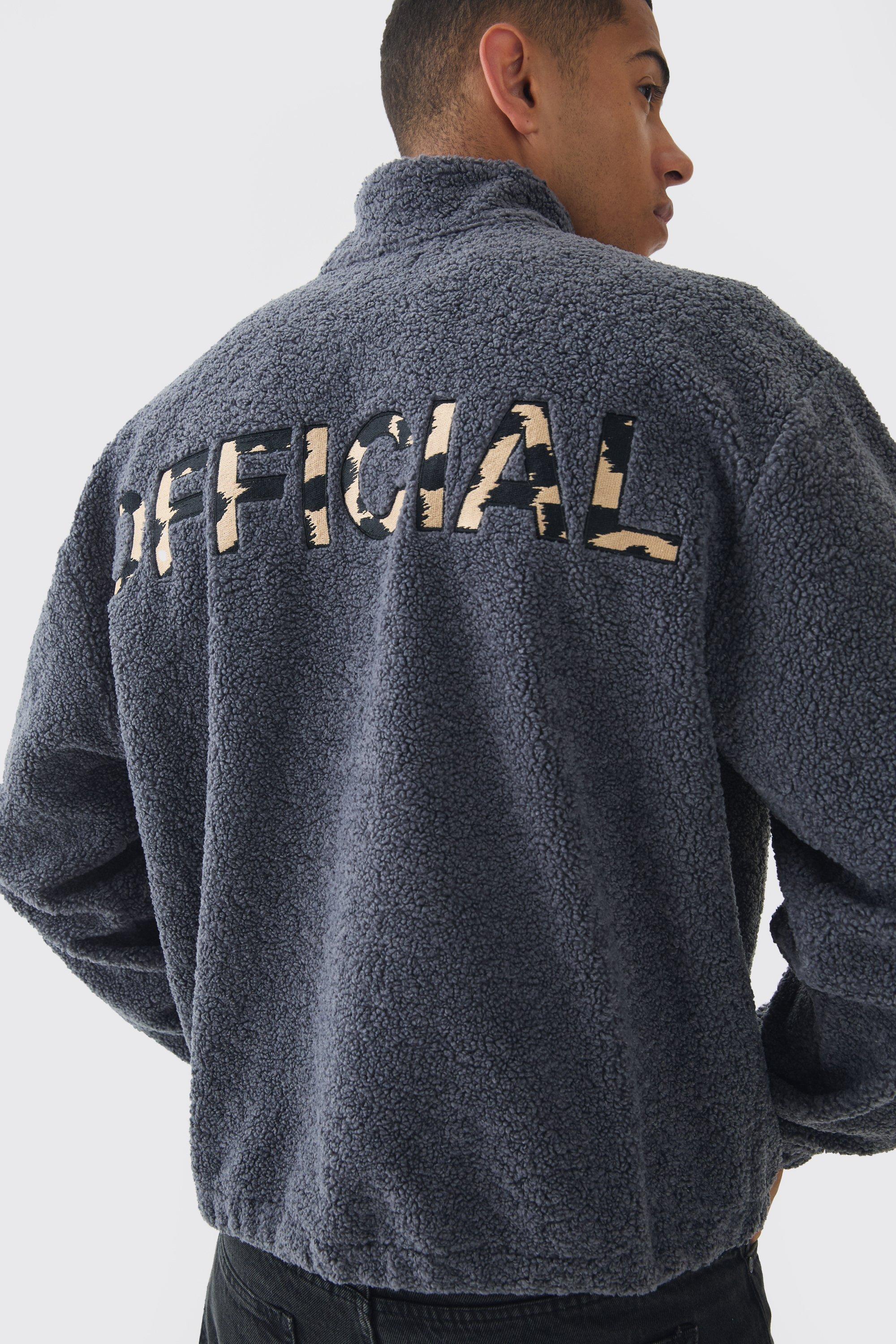 Felpa squadrata oversize in bouclé Official leopardato con zip corta, Grigio