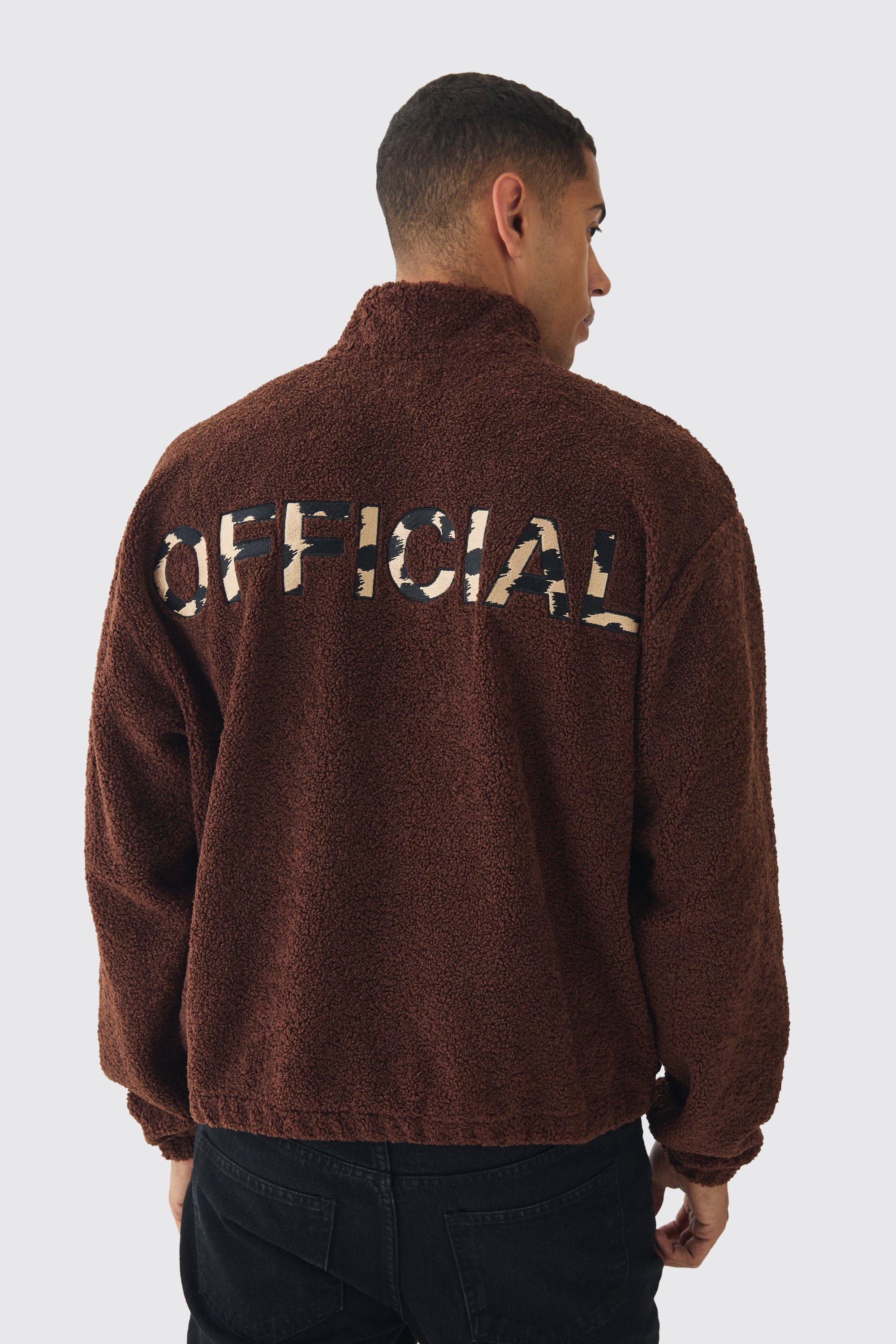 Felpa squadrata oversize in bouclé Official leopardato con zip corta, Brown