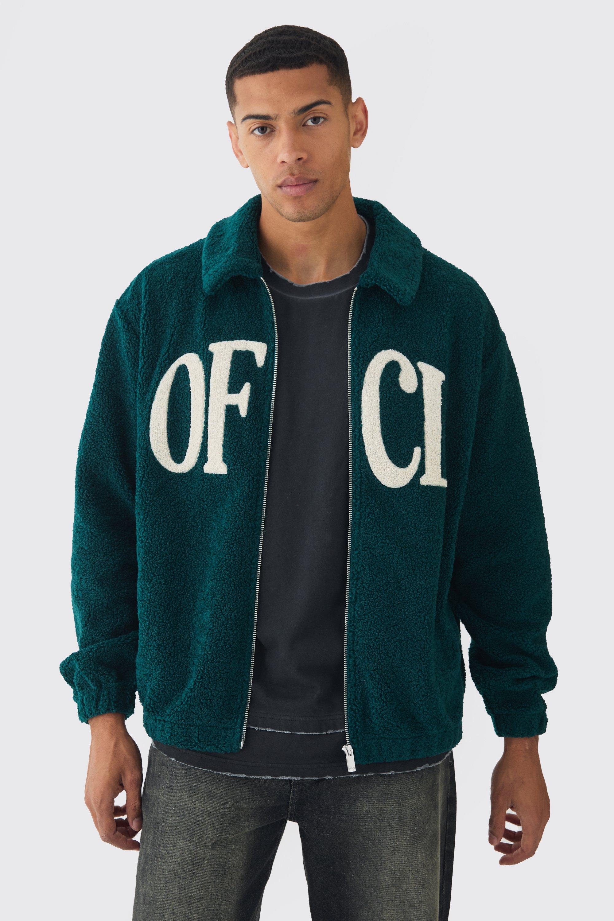 Giacca Harrington squadrata oversize in bouclé in pile borg, Verde