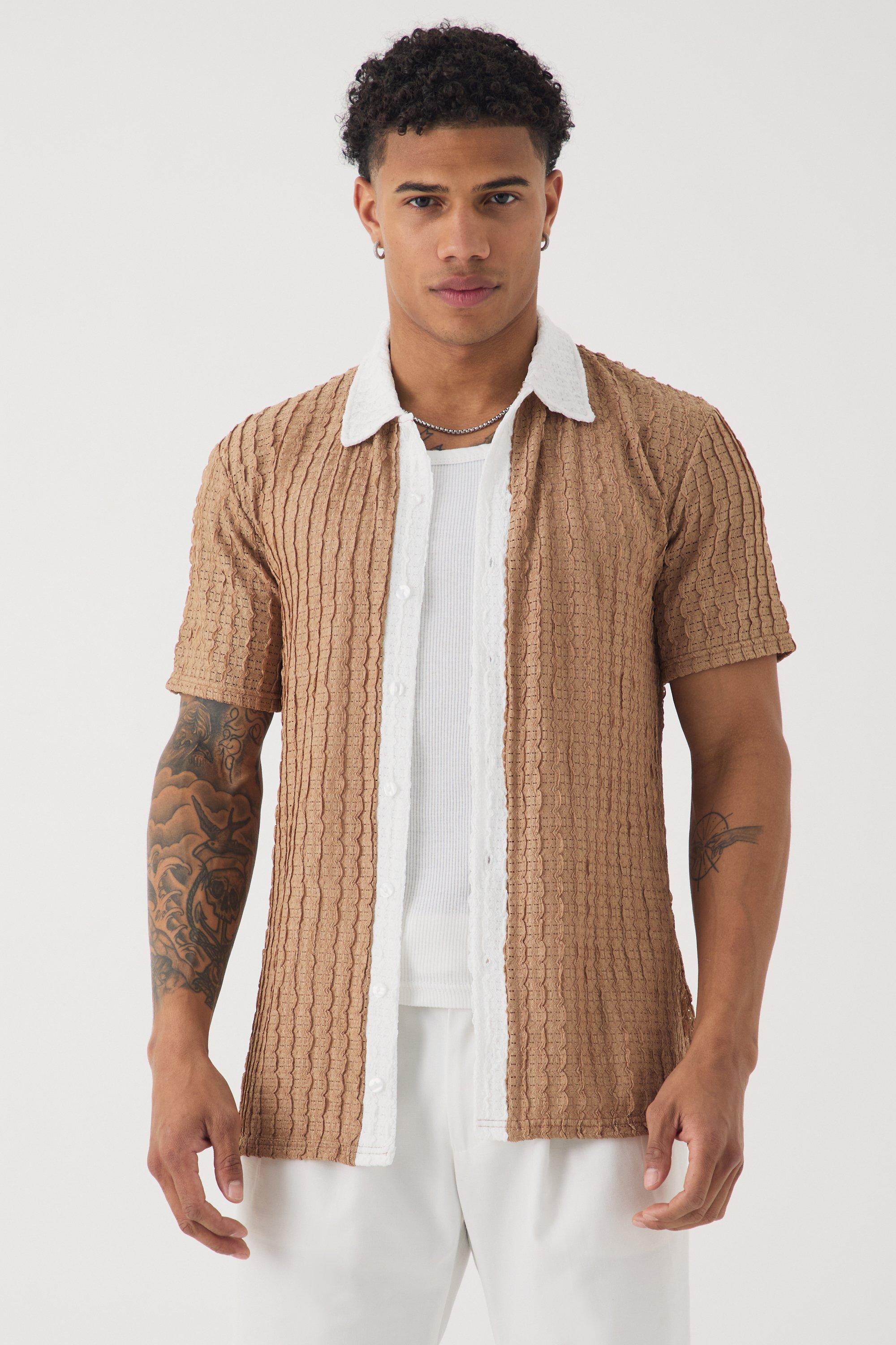 Mens Beige Slim Fit Textured Stripe Short Sleeve Shirt, Beige