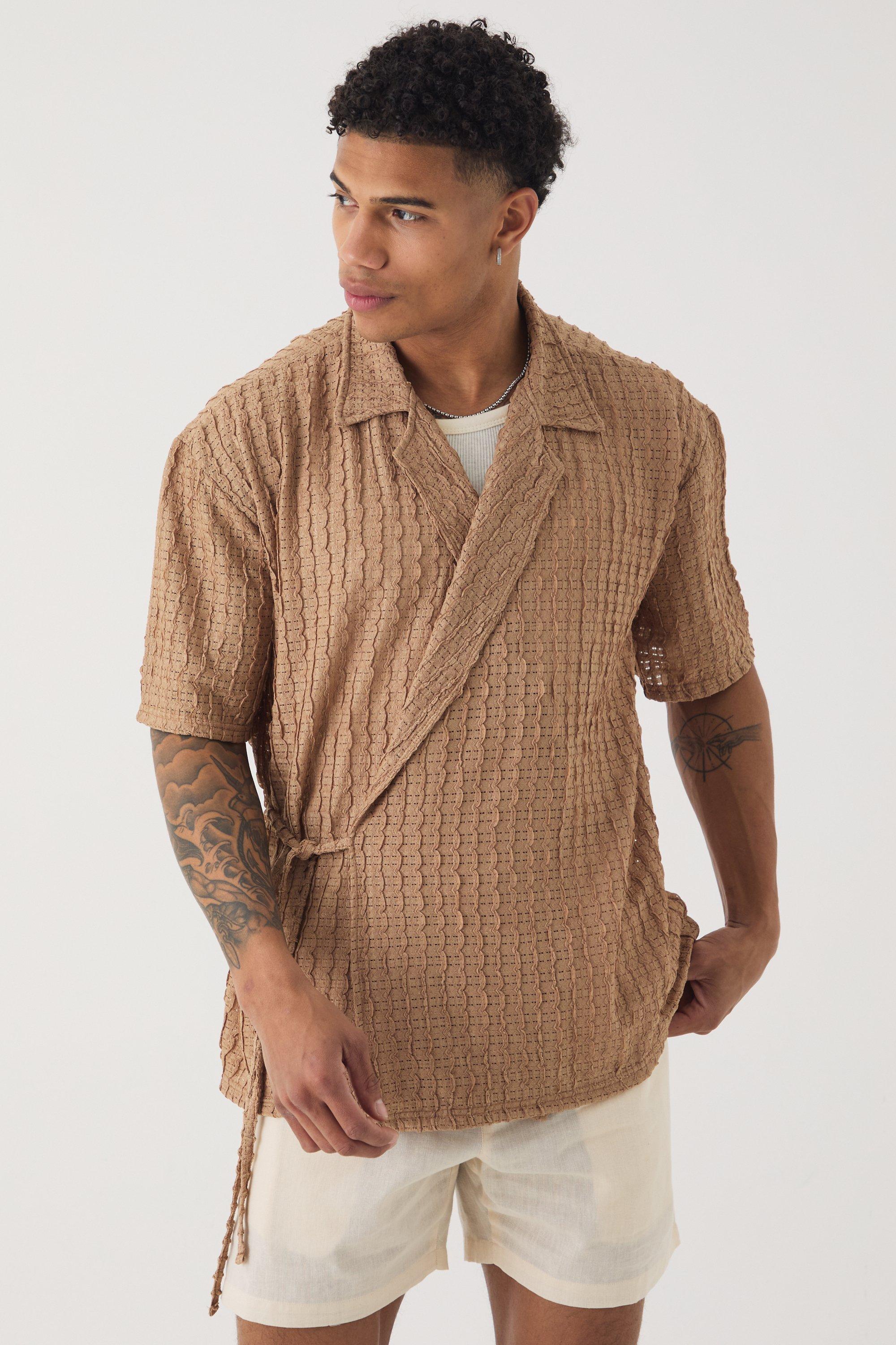 Mens Beige Oversized Textured Wrap Tie Half Sleeve Shirt, Beige