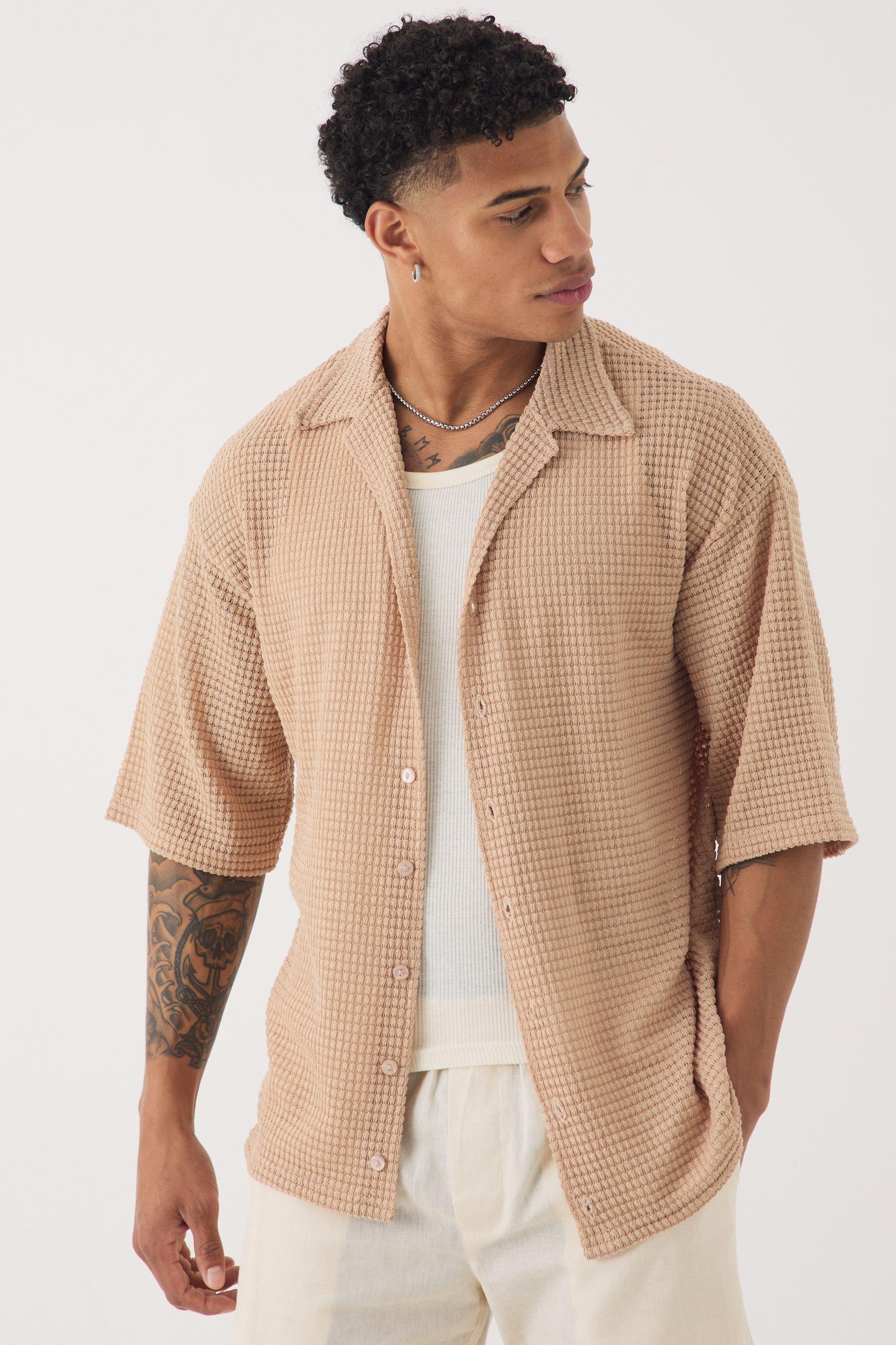 Mens Beige Oversized Button Through Textured Short Sleeve Shirt, Beige