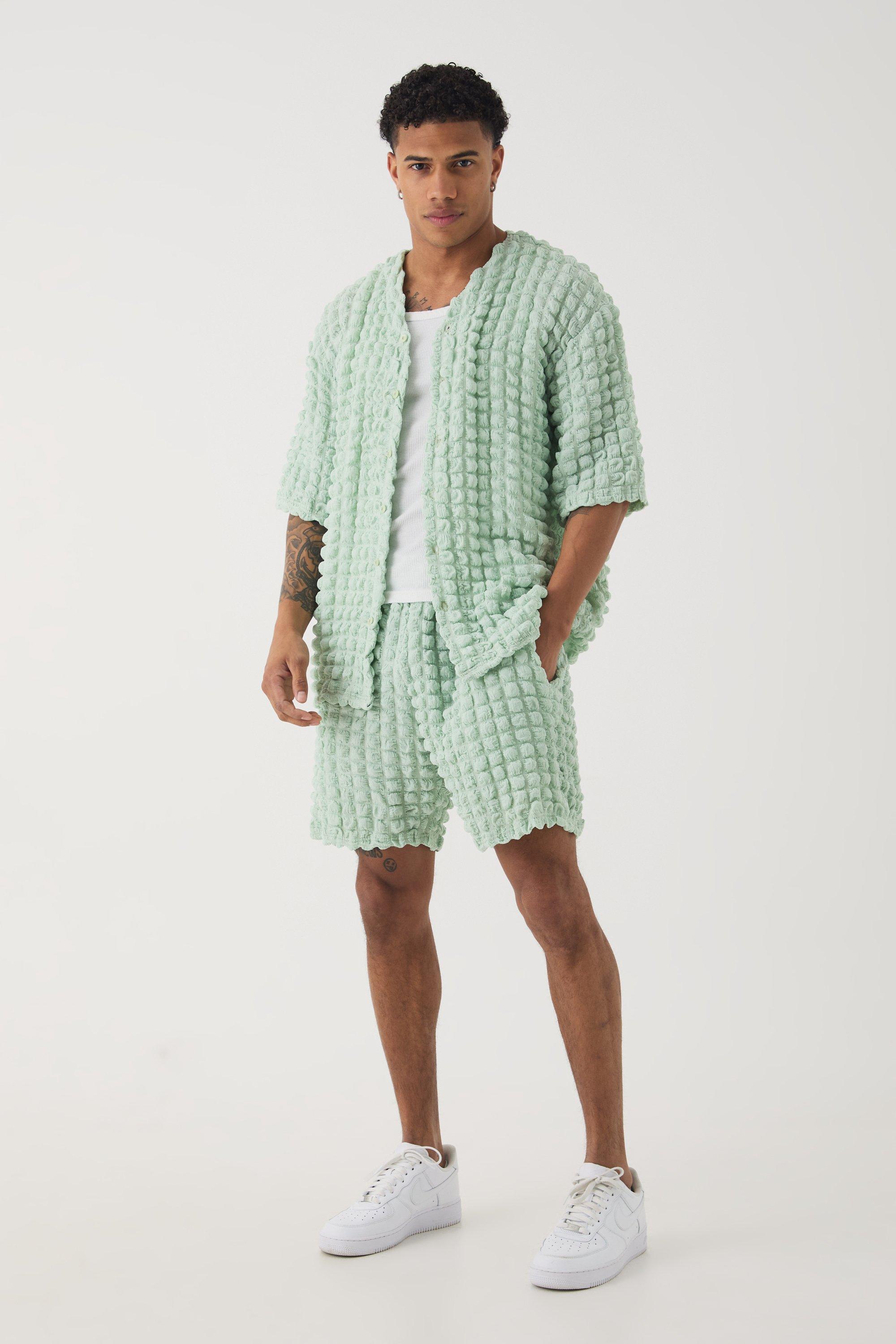 Mens Green Oversized Popcorn Collarless Polo Shirt & Shorts Set, Green