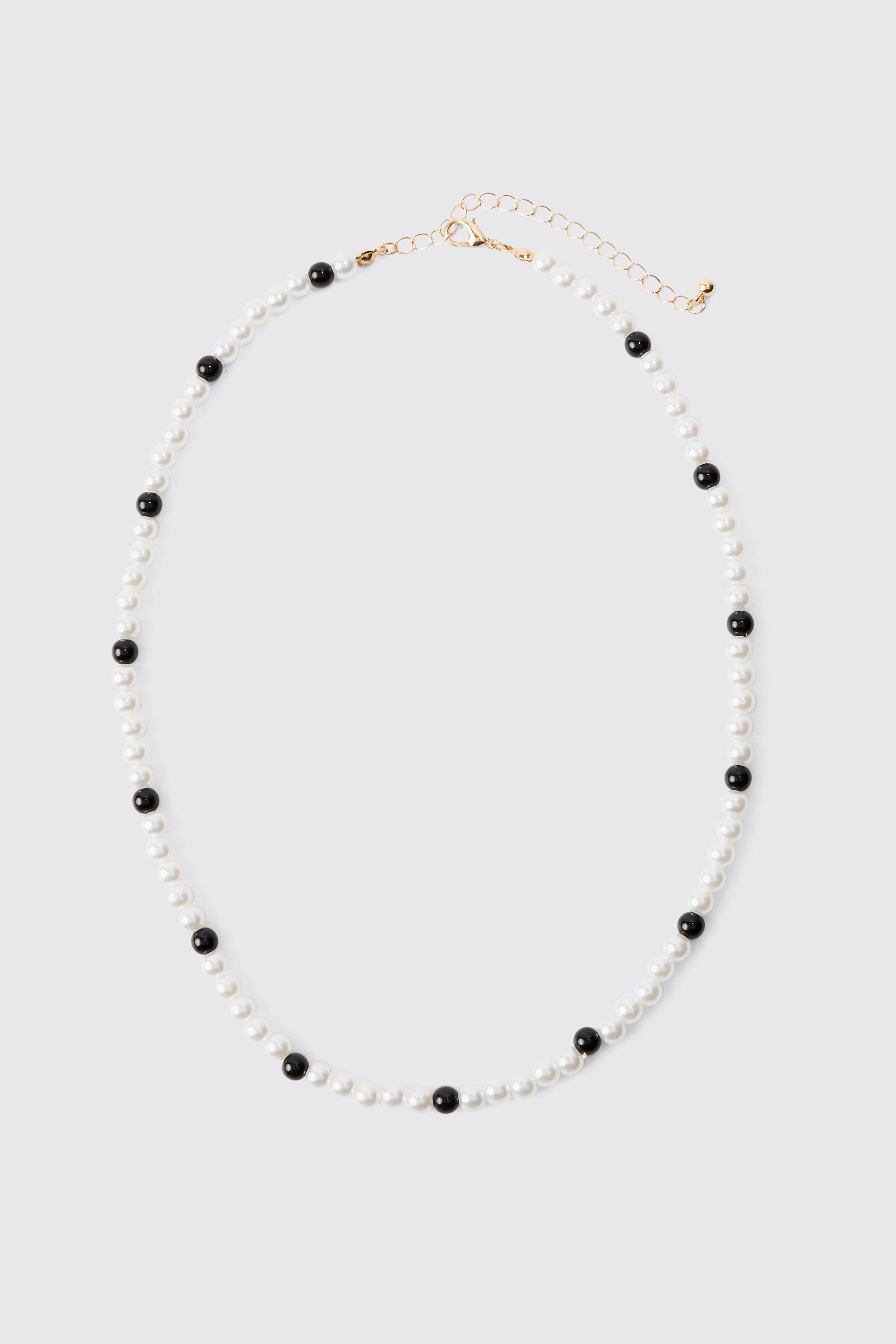 Mens White Pearl And Bead Necklace, White