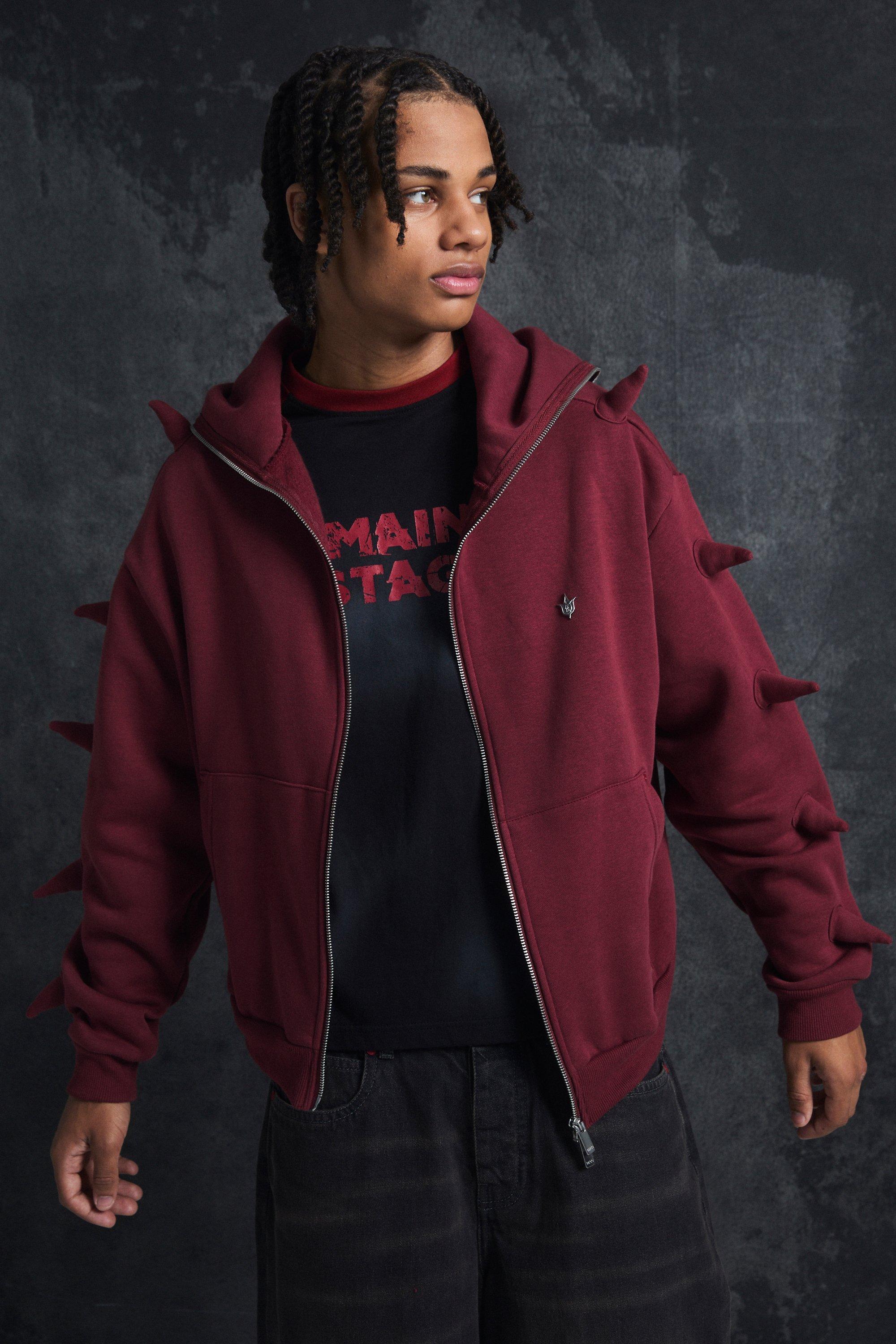 Felpa squadrata oversize con borchie, zip intera e cappuccio, Rosso