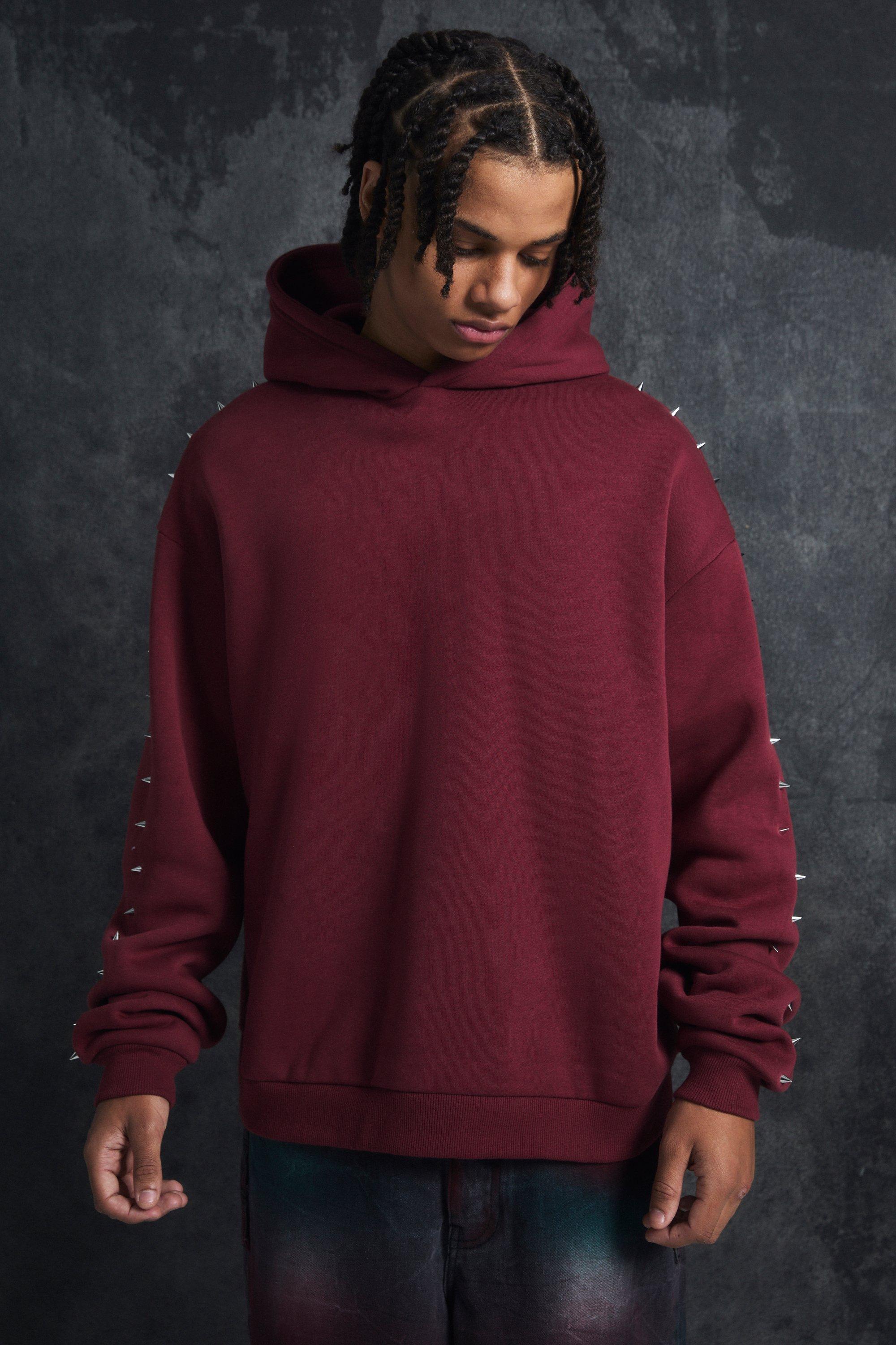 Mens Trippie Redd Oversized Dropped Shoulder Metal Spike Hoodie, Red