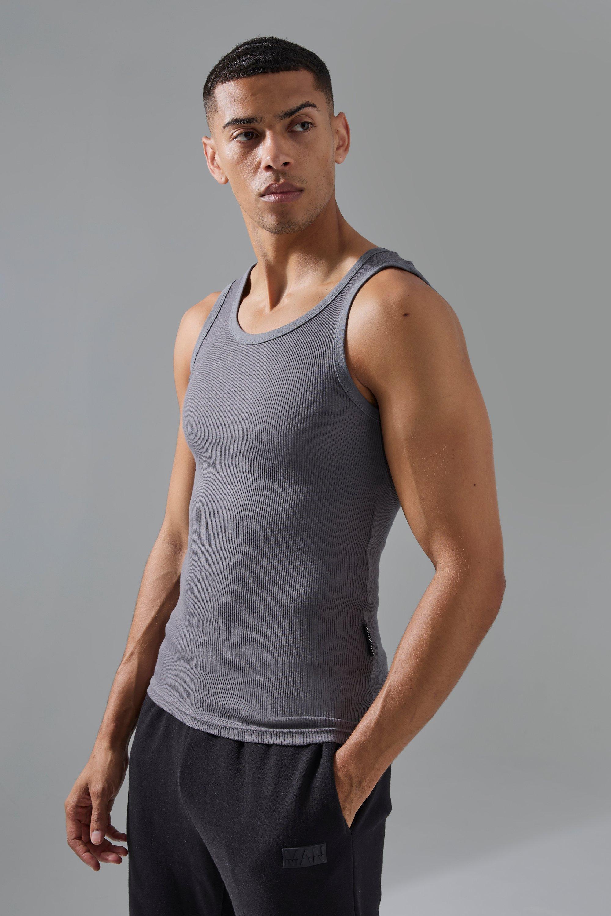 Mens Grey Man Active Gym Muscle Fit Ribbed Vest, Grey