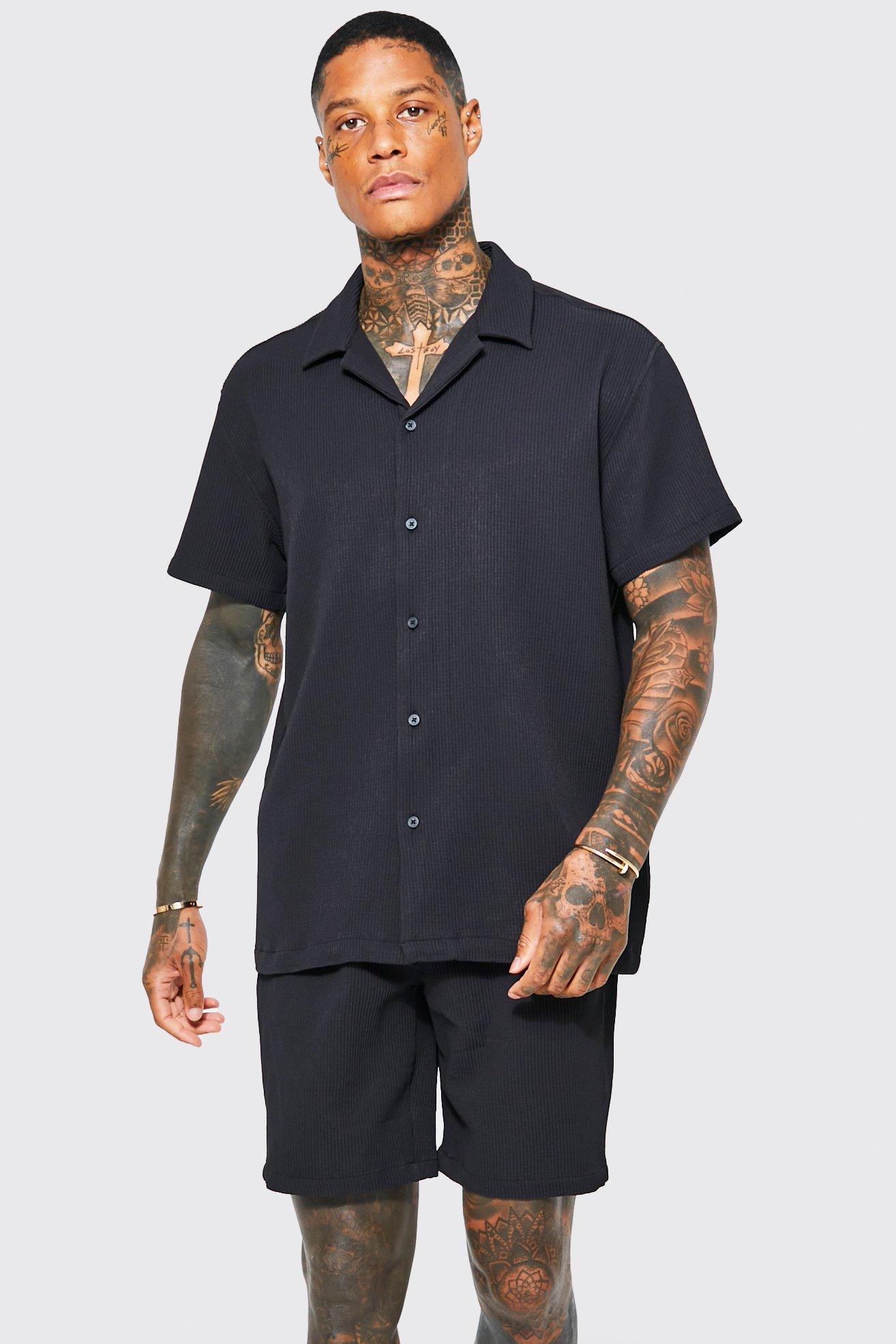 Mens Black Oversized Revere Pleated Shirt And Short, Black