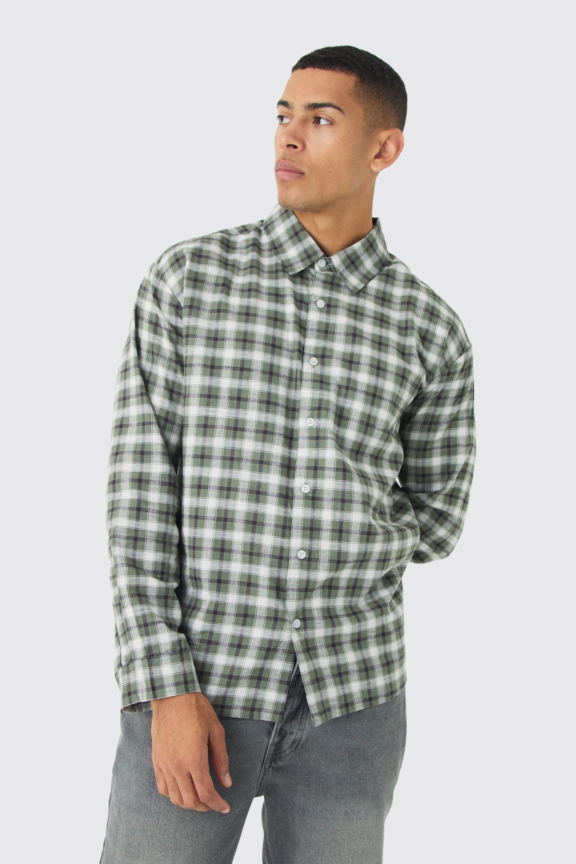 Mens Green Long Sleeve Checked Oversized Shirt, Green