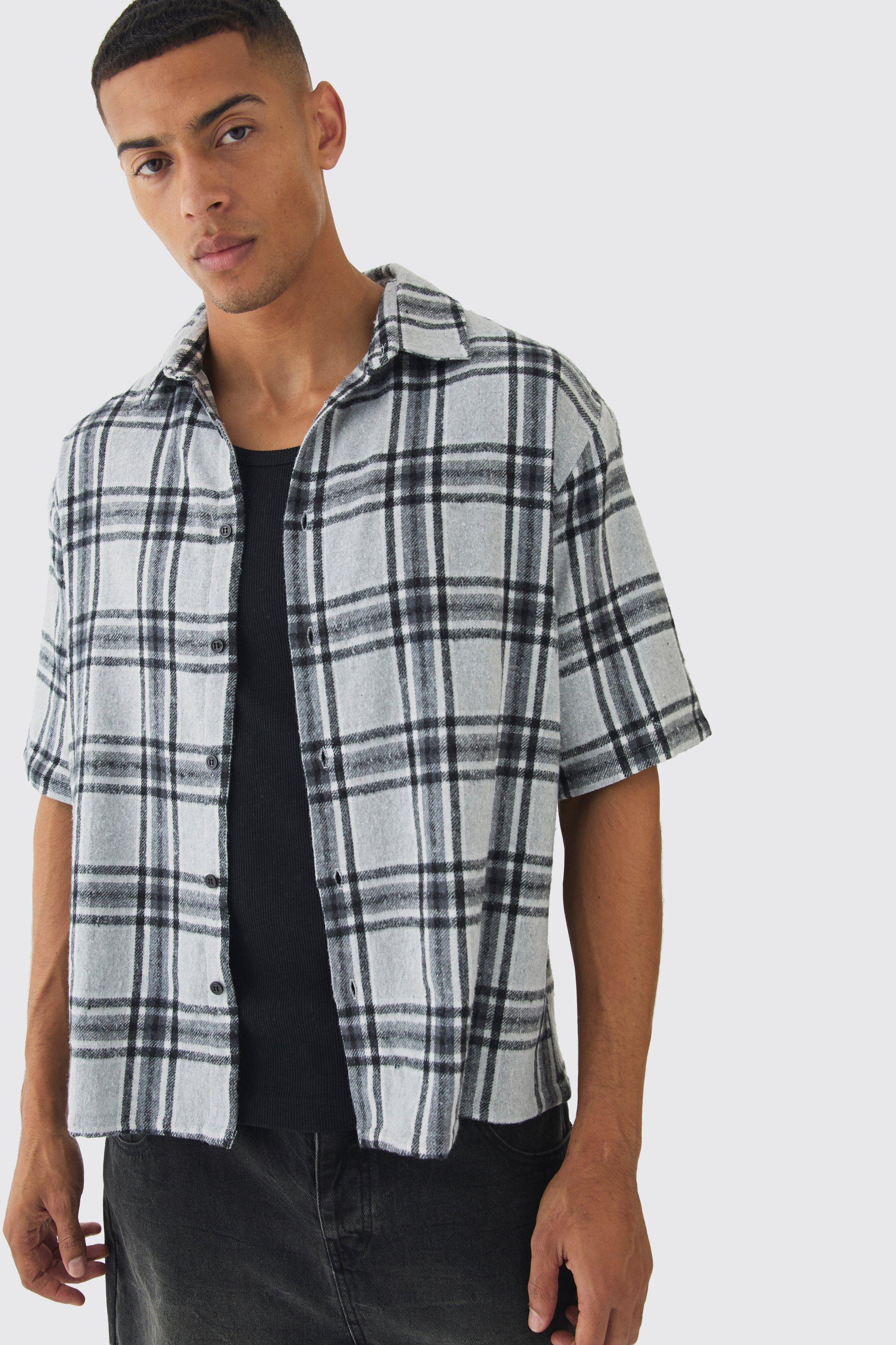 Mens Grey Short Sleeve Checked Oversized Shirt, Grey