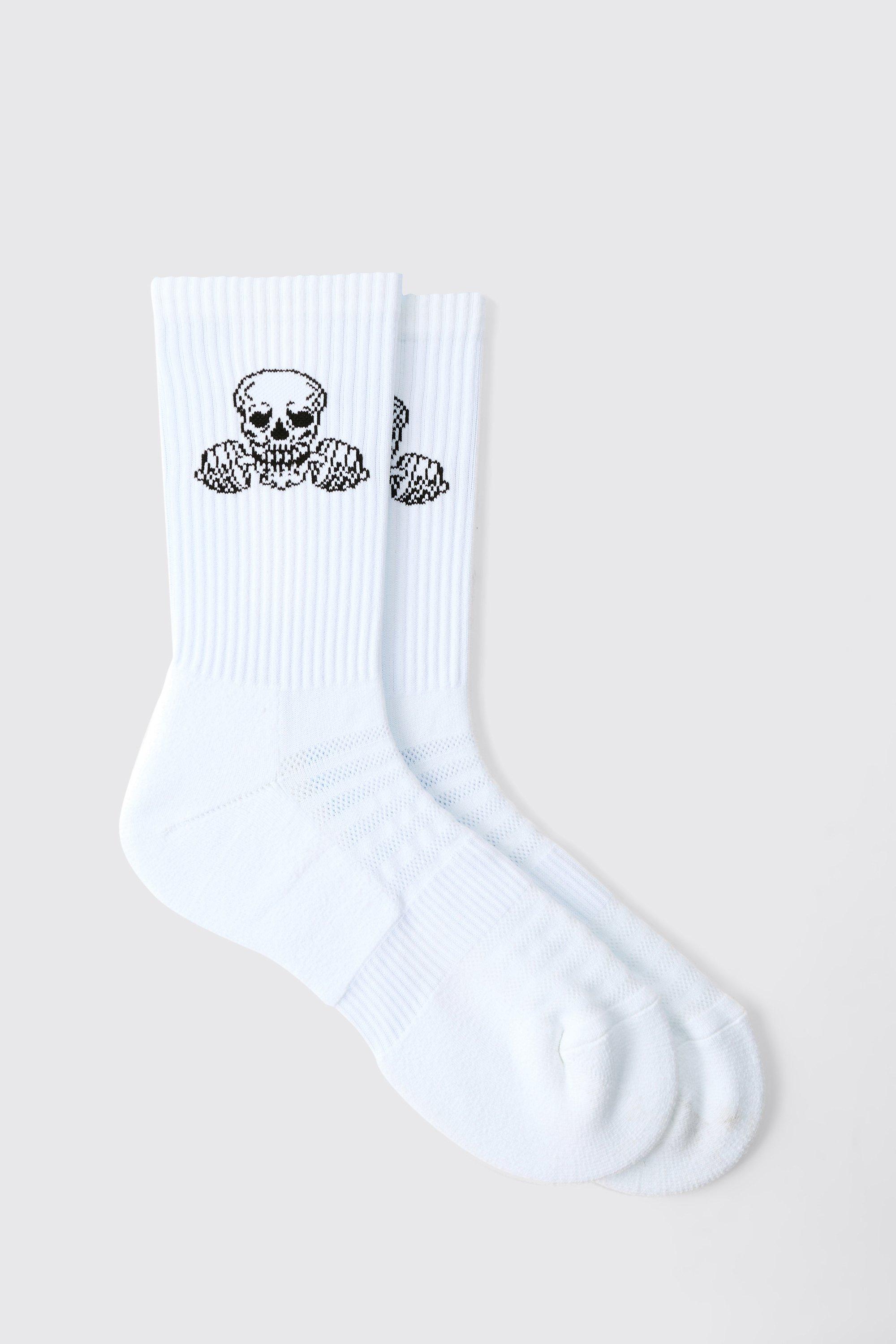 Mens White Man Active Gym Skull Crew Socks, White