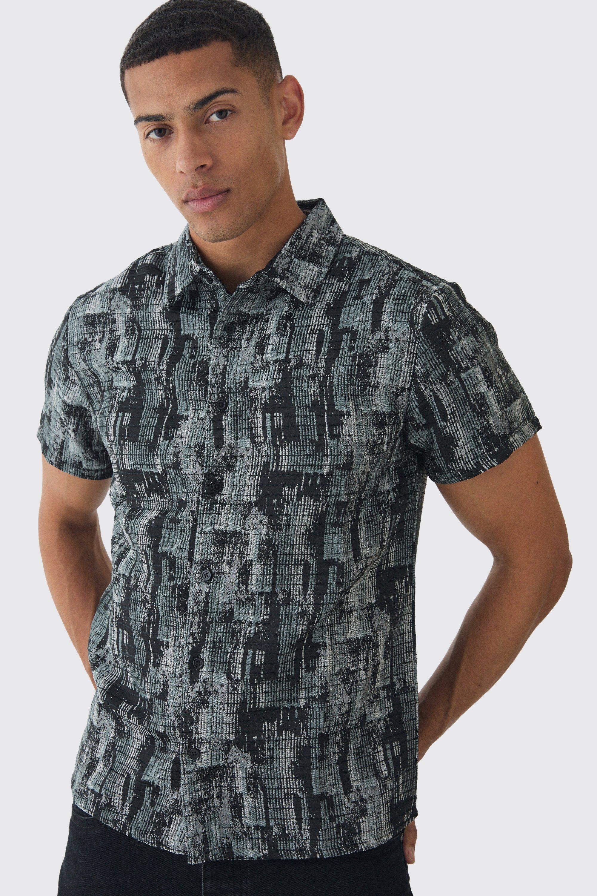 Mens Grey Short Sleeve Textured Jacquard Shirt, Grey