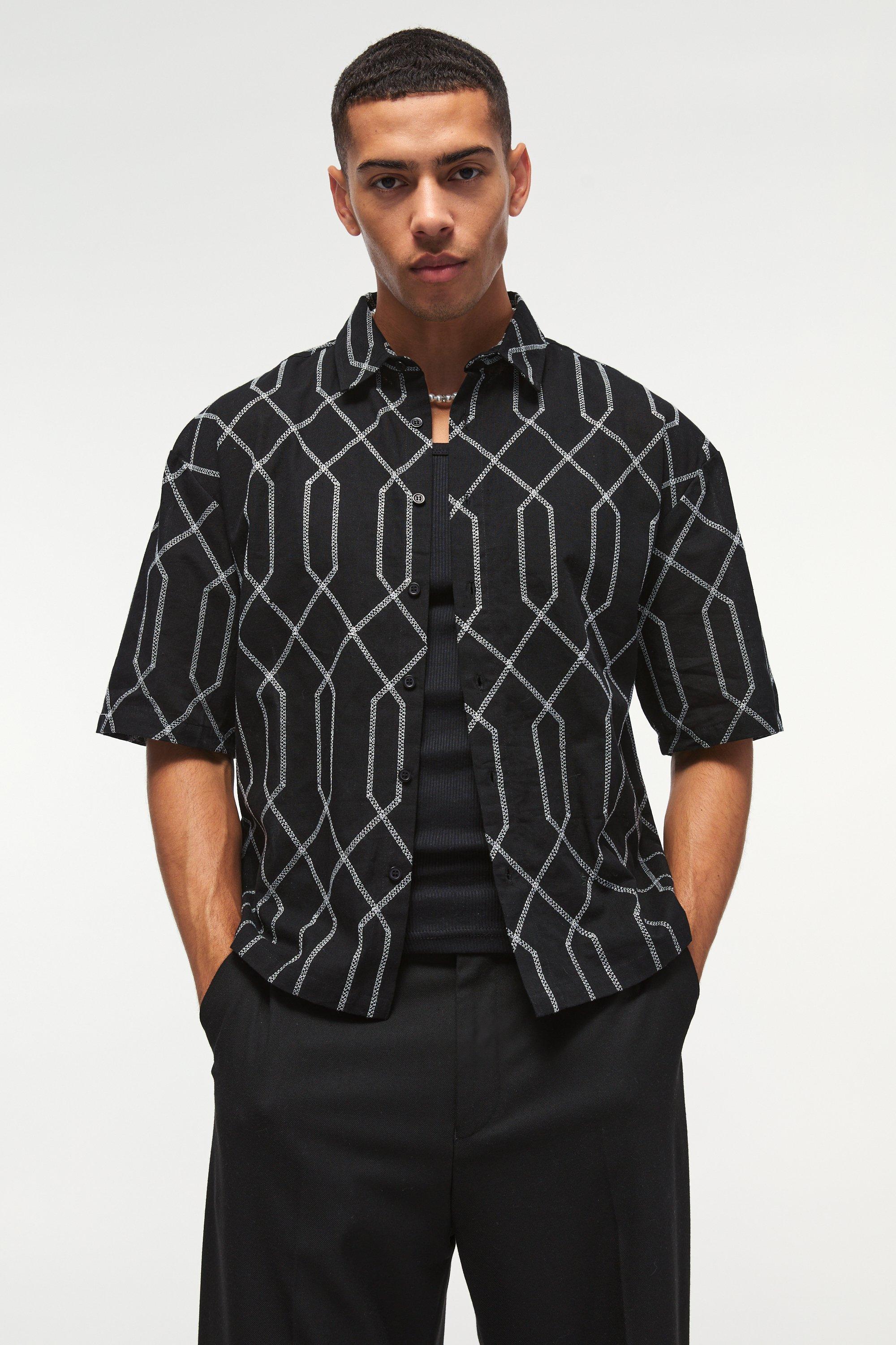 Mens Black Oversized Short Sleeve Embroidered Boxy Shirt, Black