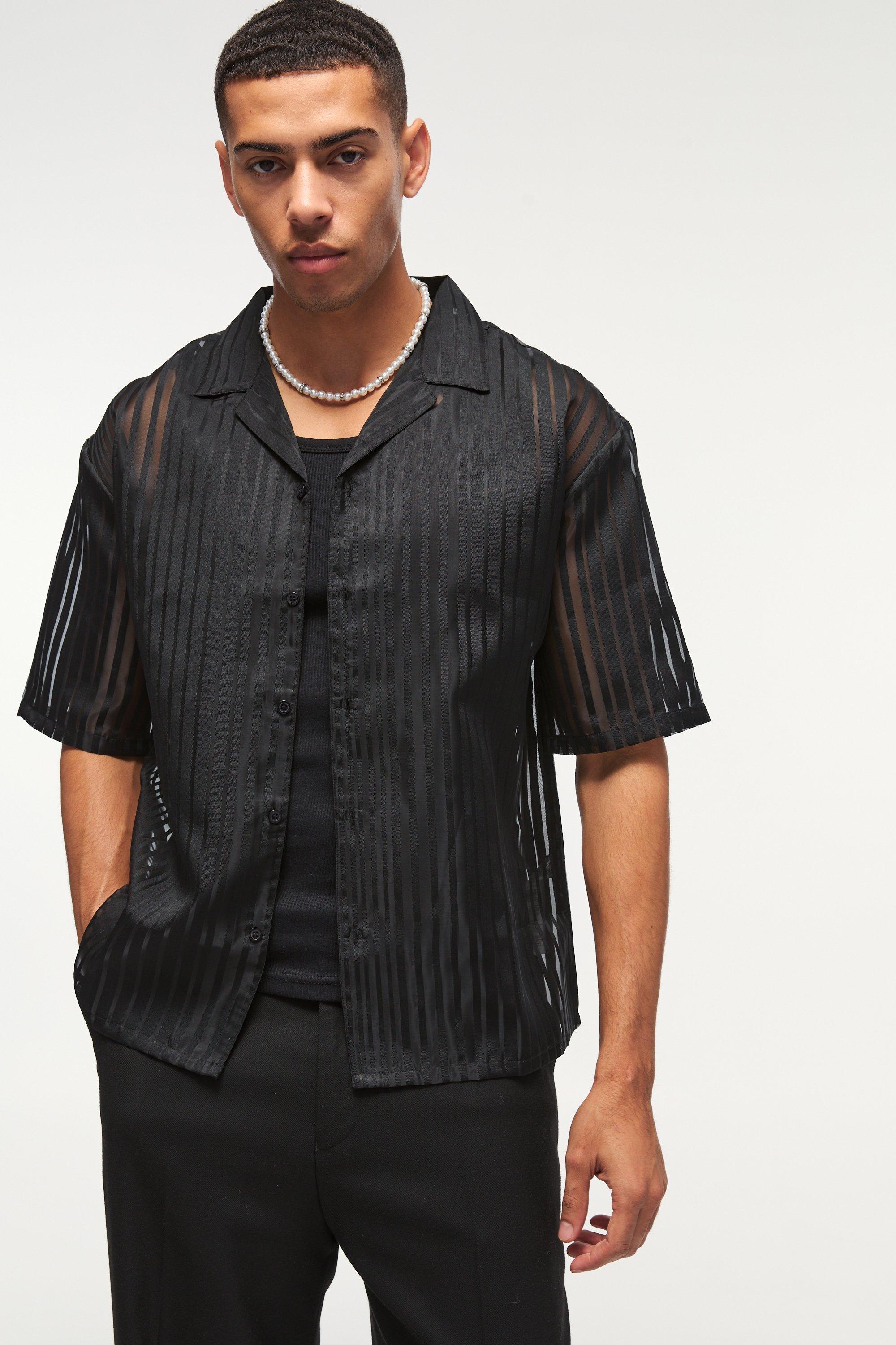 Camicia squadrata oversize in rete con pieghe e rever, Nero