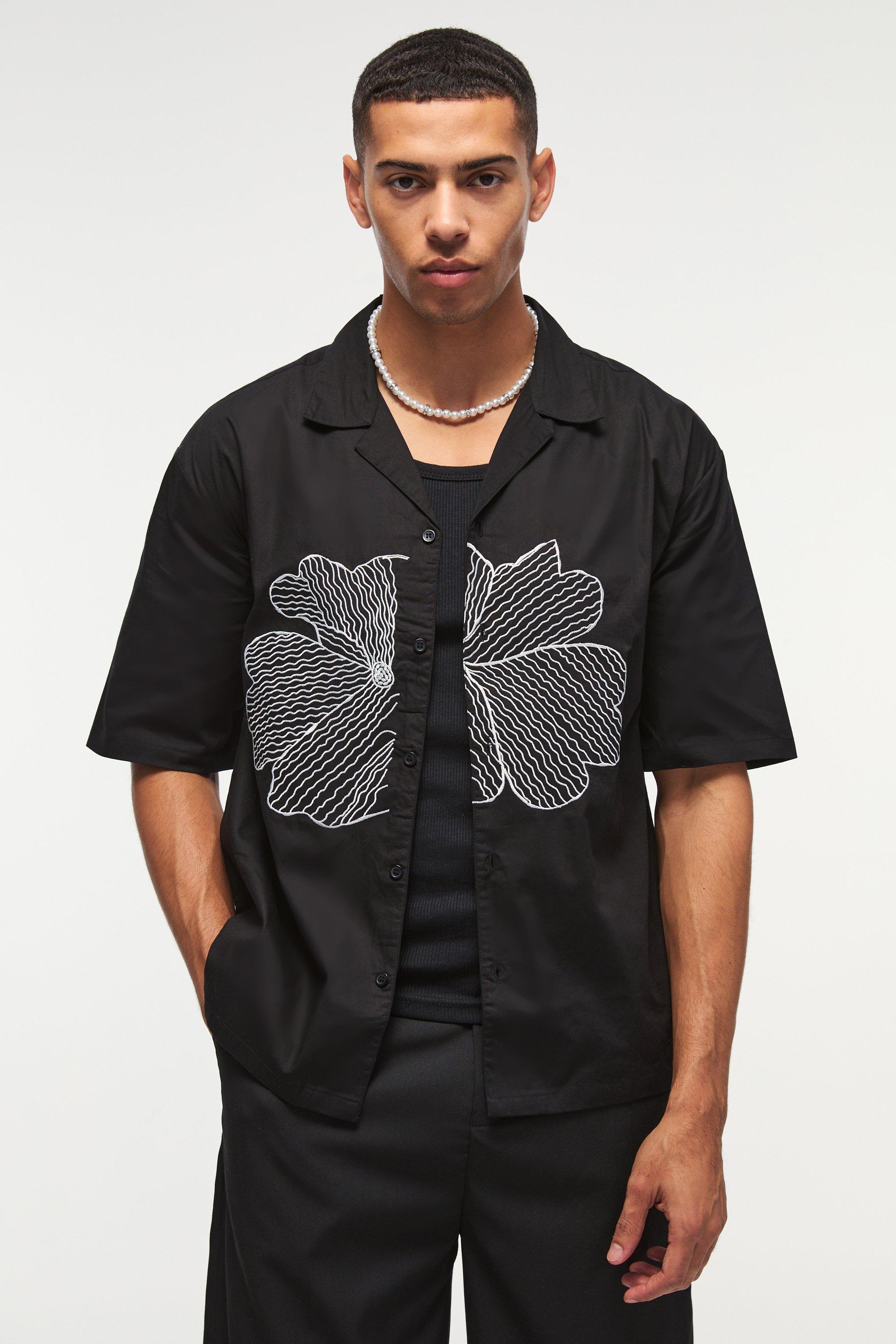 Mens Black Oversized Revere Floral Embroidered Shirt, Black