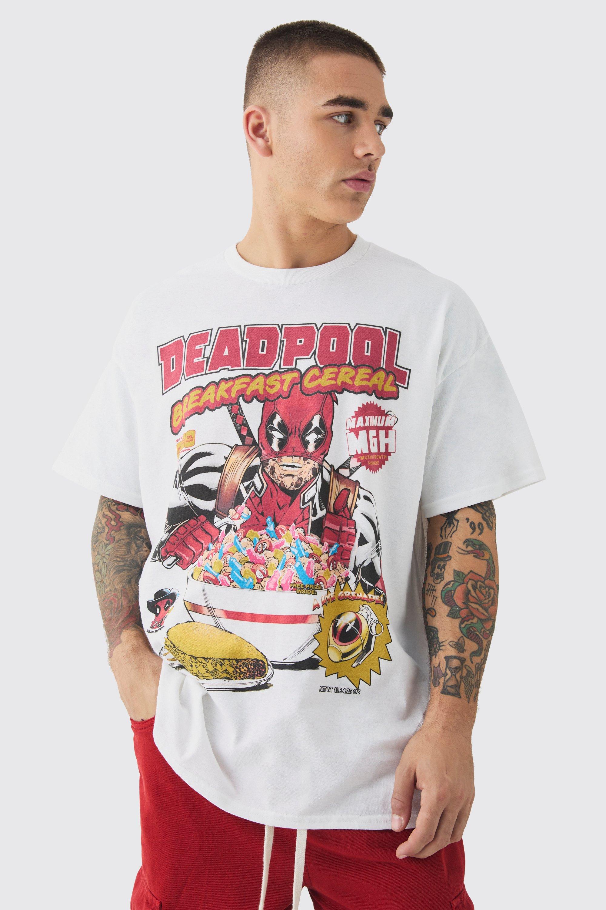 T-shirt oversize ufficiale Deadpool con stampa di cereali, Bianco