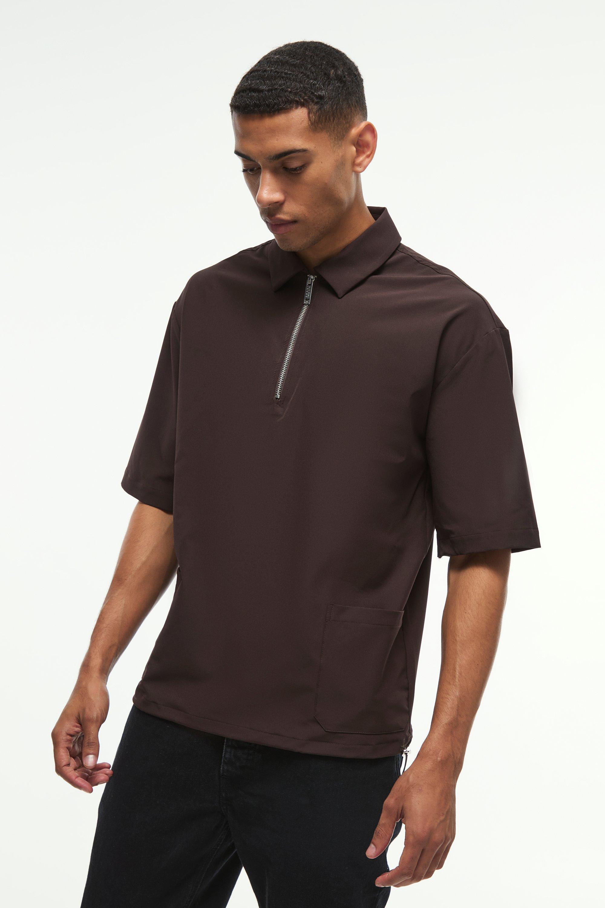 Mens Brown Oversized 1/4 Zip Bungee Hem Shirt, Brown