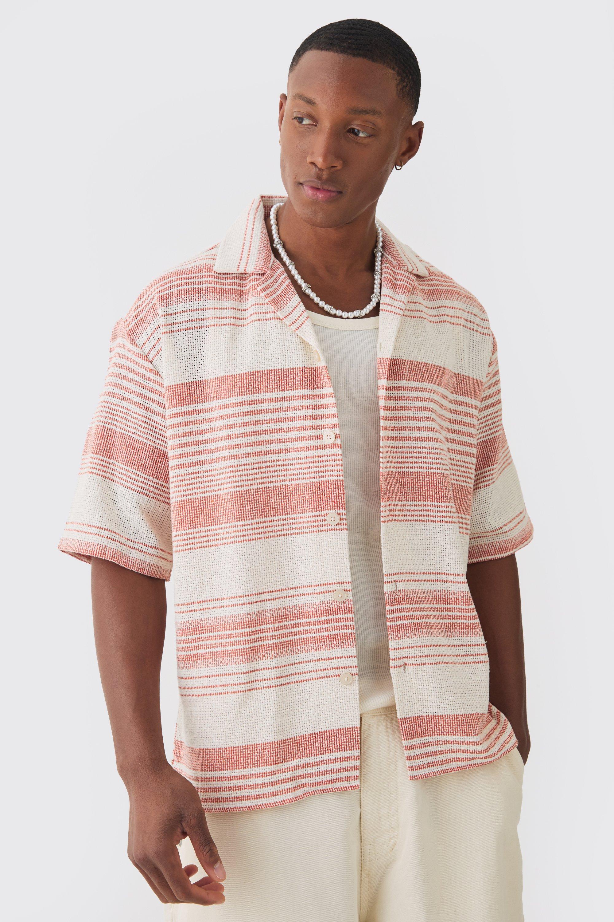 Camicia oversize a maniche corte a righe con rever, Arancio