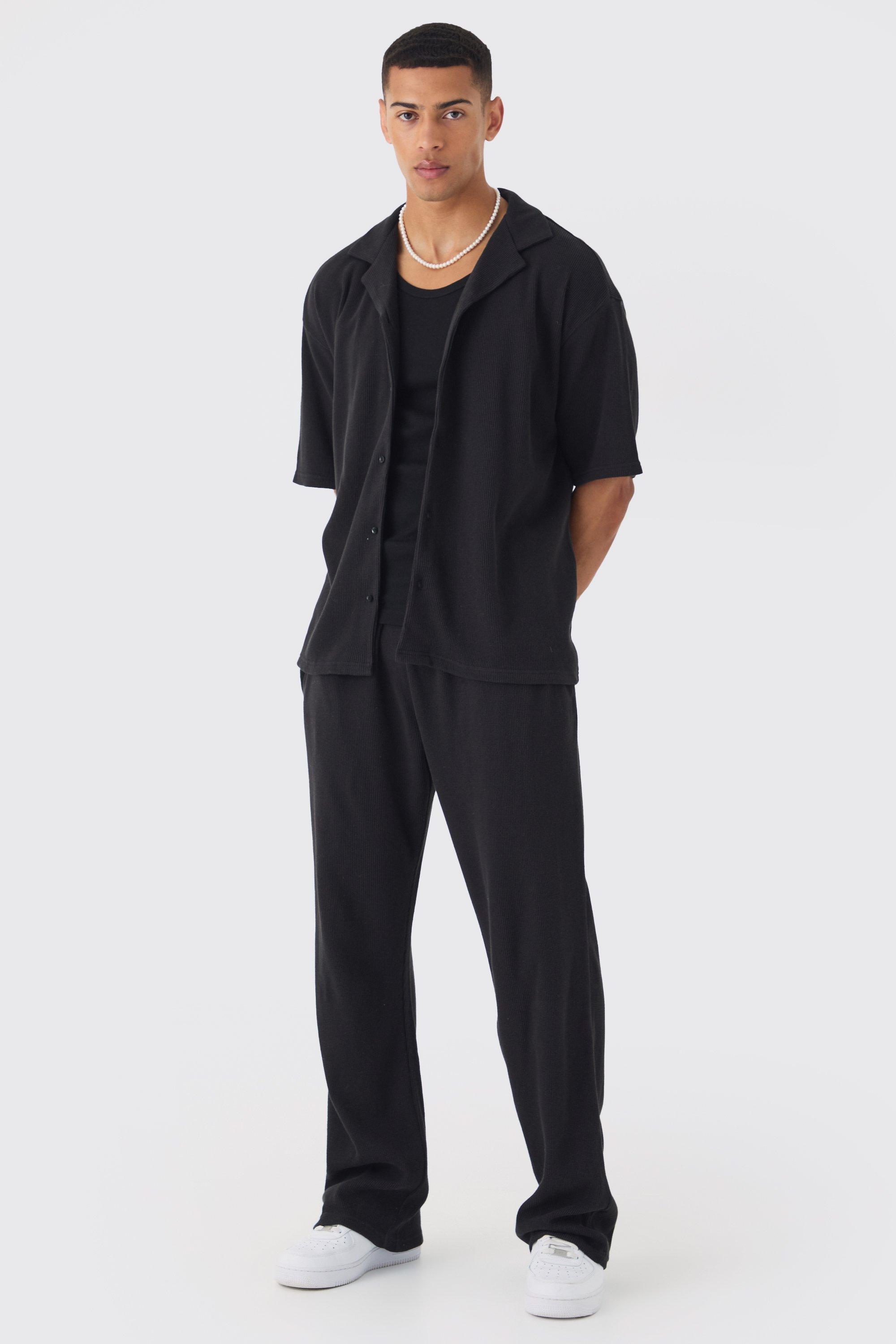 Mens Black Oversized Waffle Shirt & Relaxed Jogger Set, Black