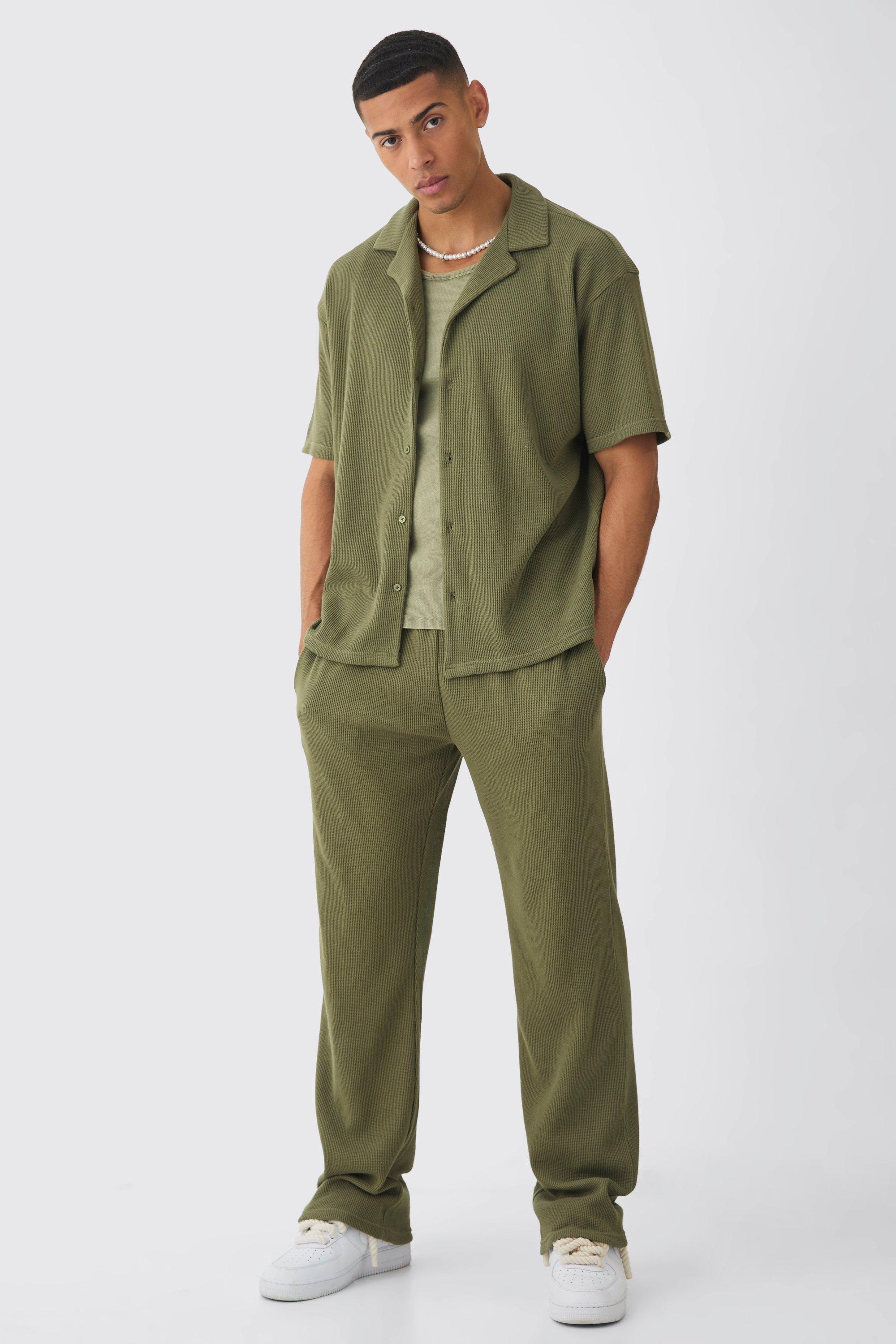 Mens Green Oversized Waffle Shirt & Relaxed Jogger Set, Green