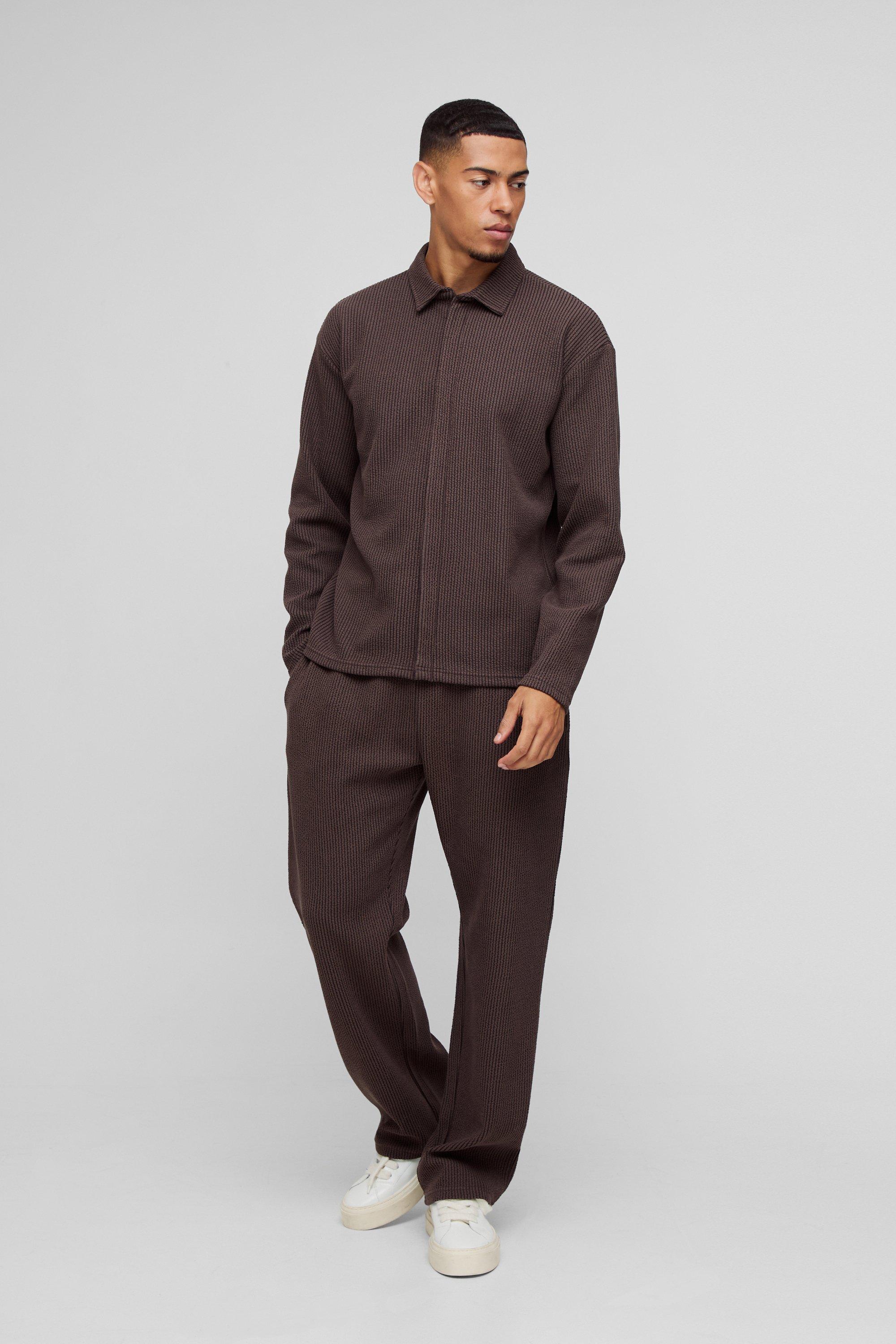 Mens Brown Oversized Two-tone Zip Ribbed Jersey Shirt & Straight Jogger Set, Brown