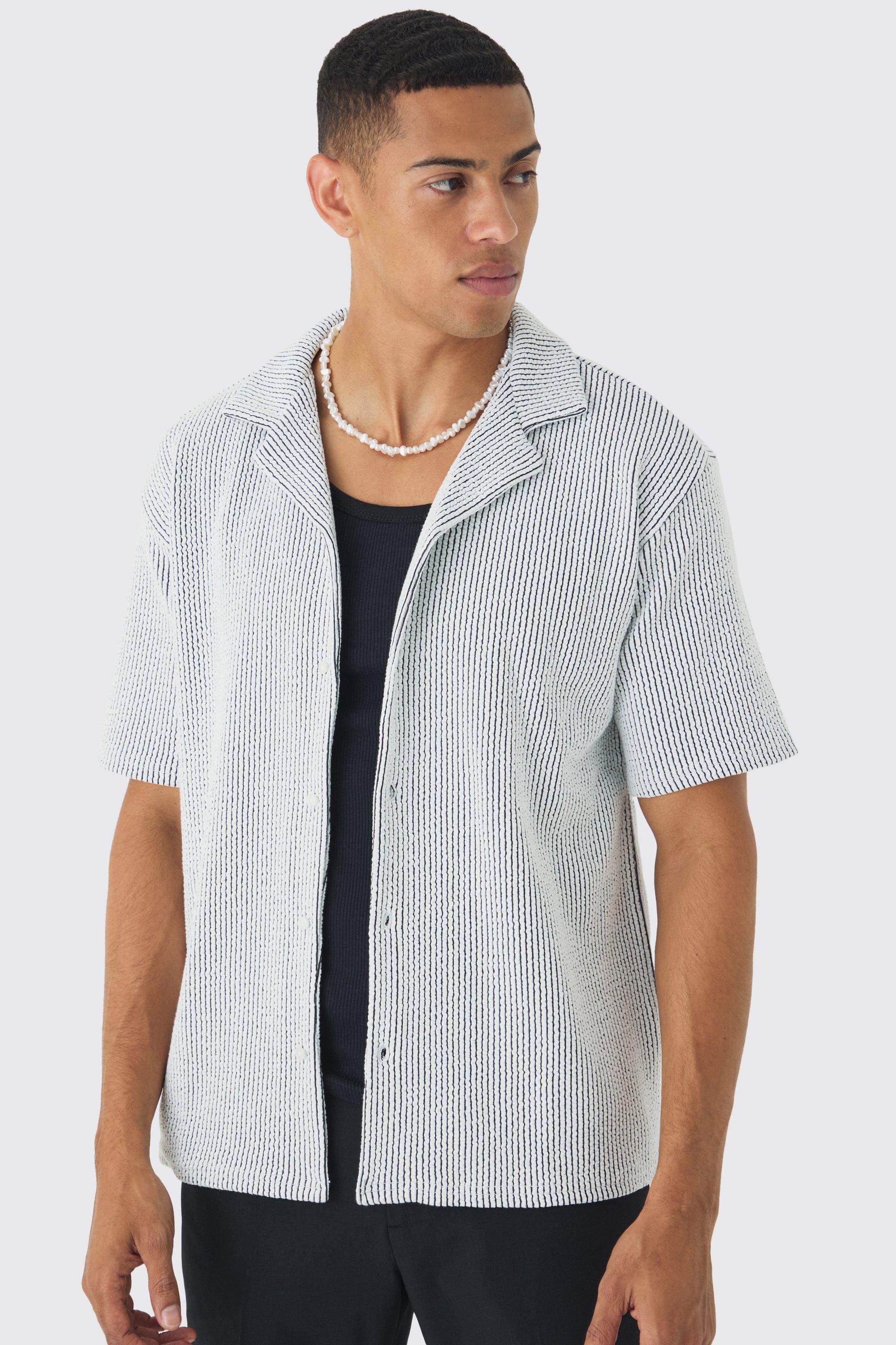 Camicia oversize in jersey a coste in due toni con rever, Bianco