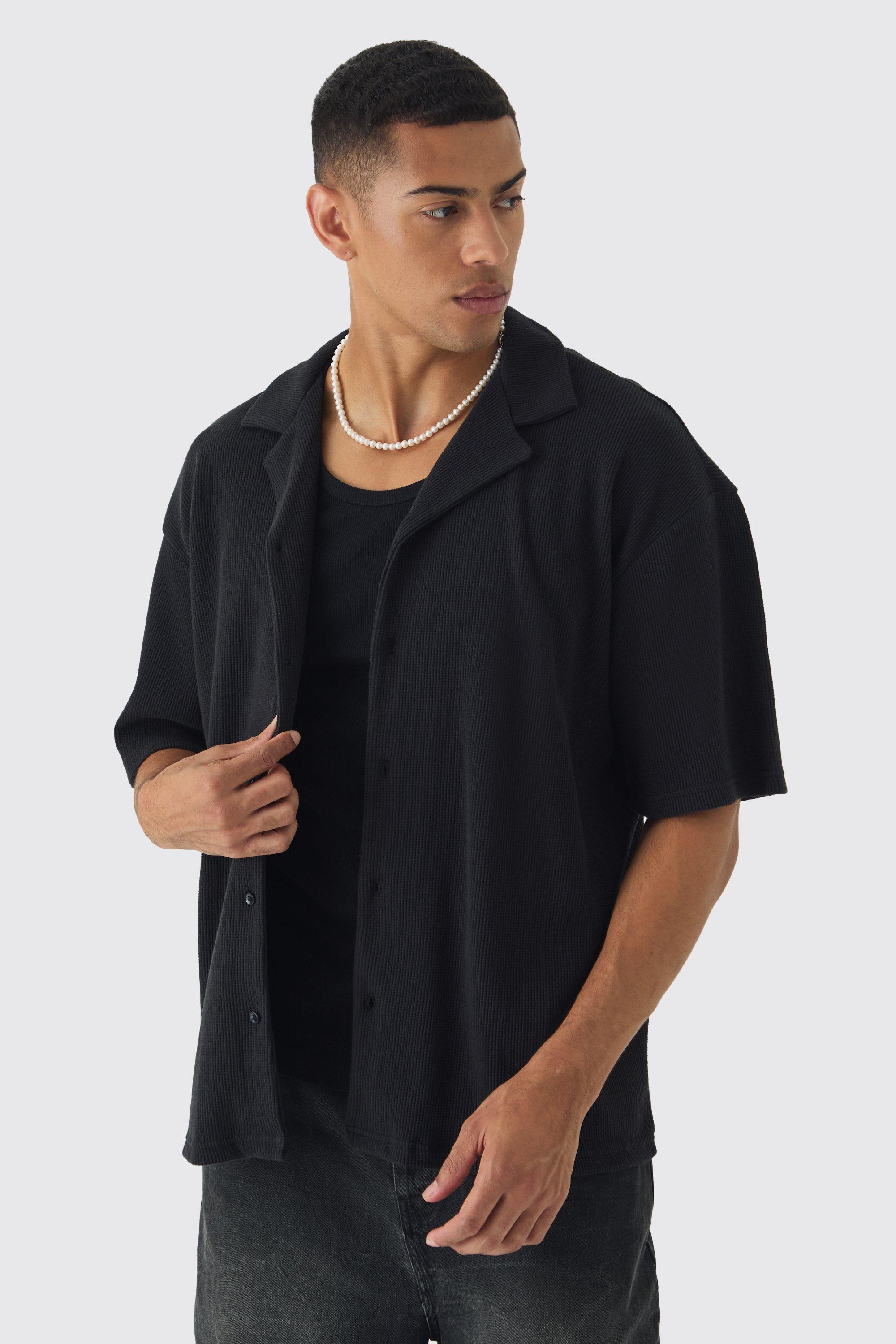 Mens Black Oversized Revere Waffle Shirt, Black