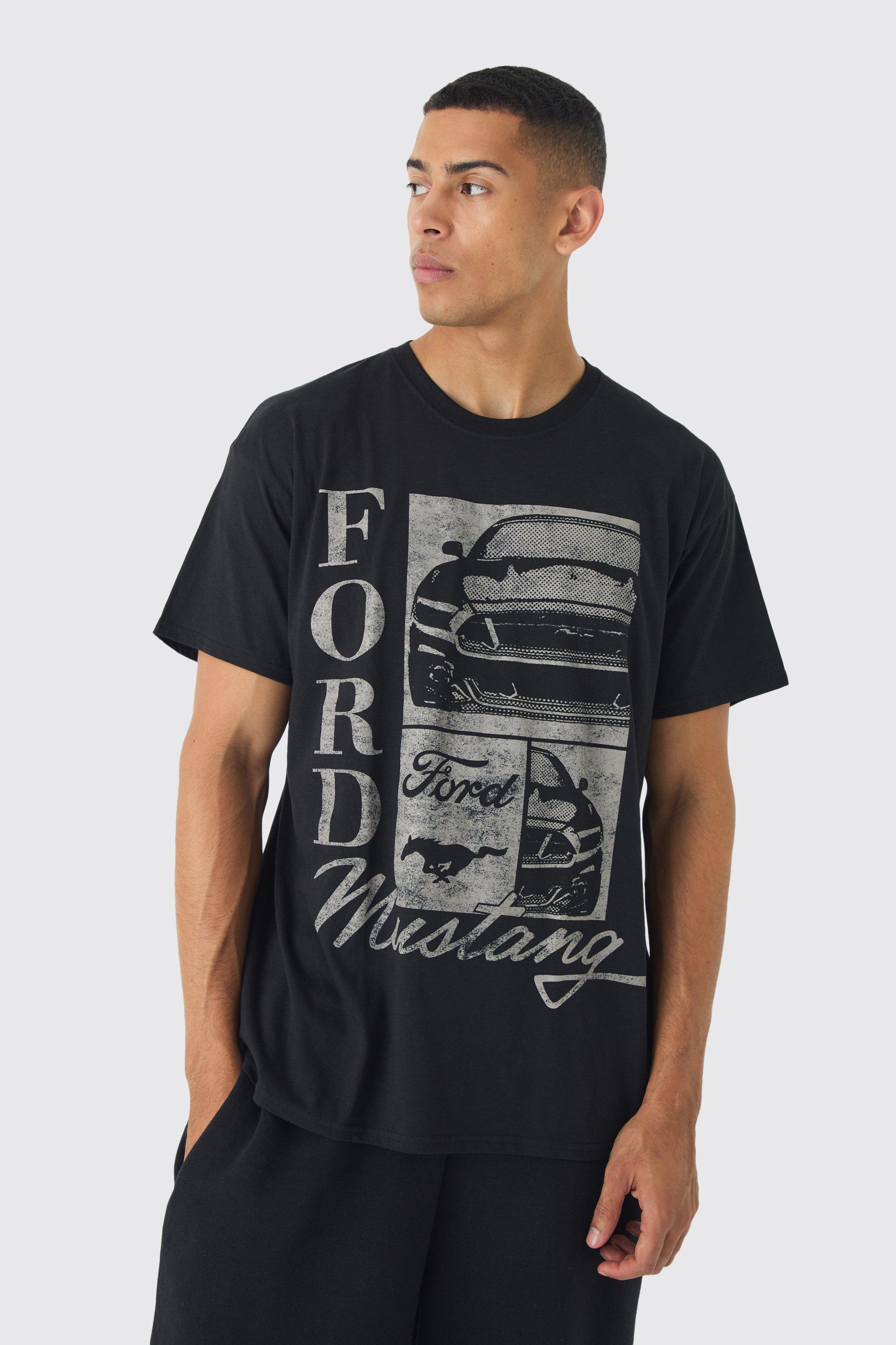 Mens Black Oversized Ford Mustang License Print T-shirt, Black