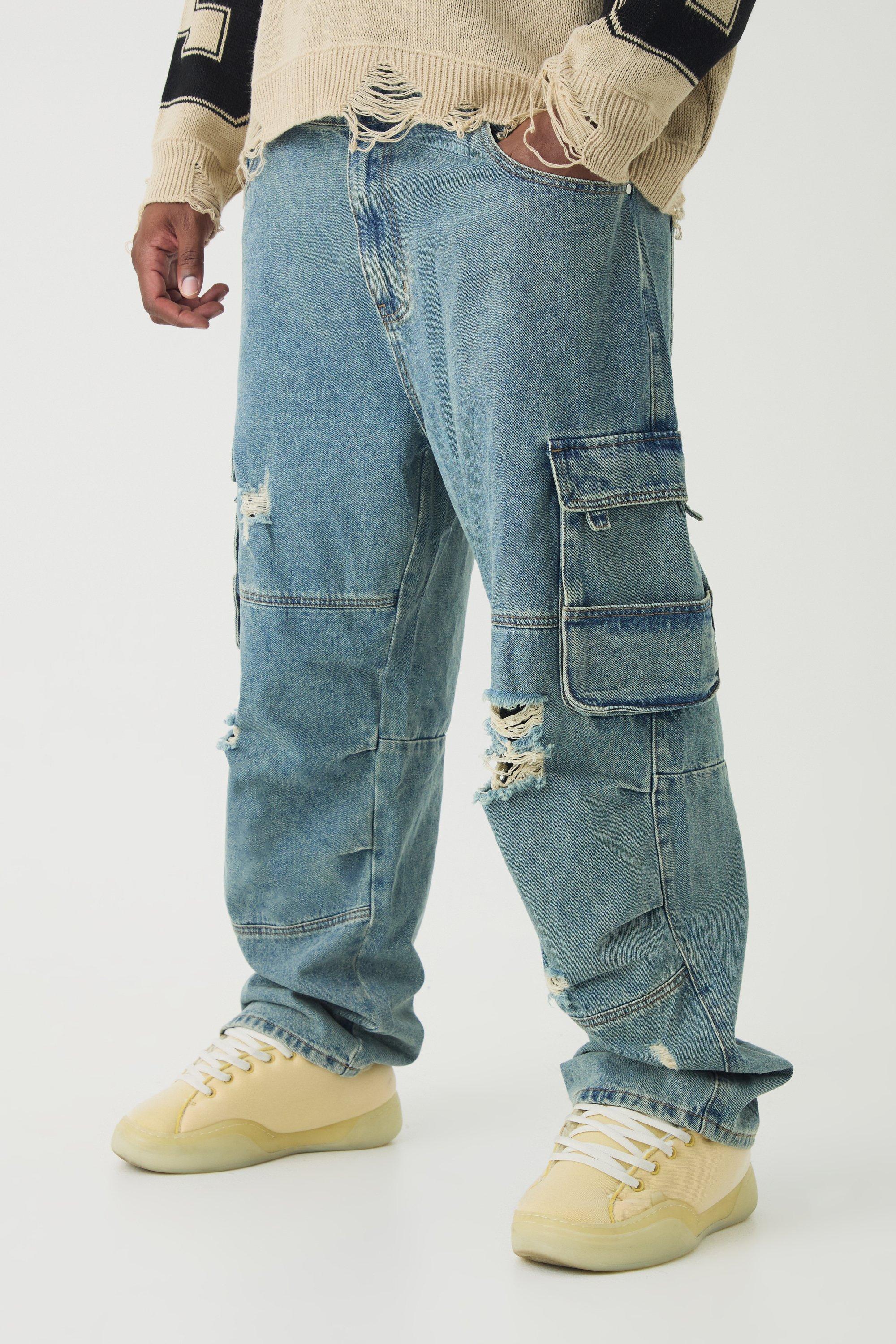 Mens Grey Plus Distressed Cargo Relaxed Fit Jeans, Grey