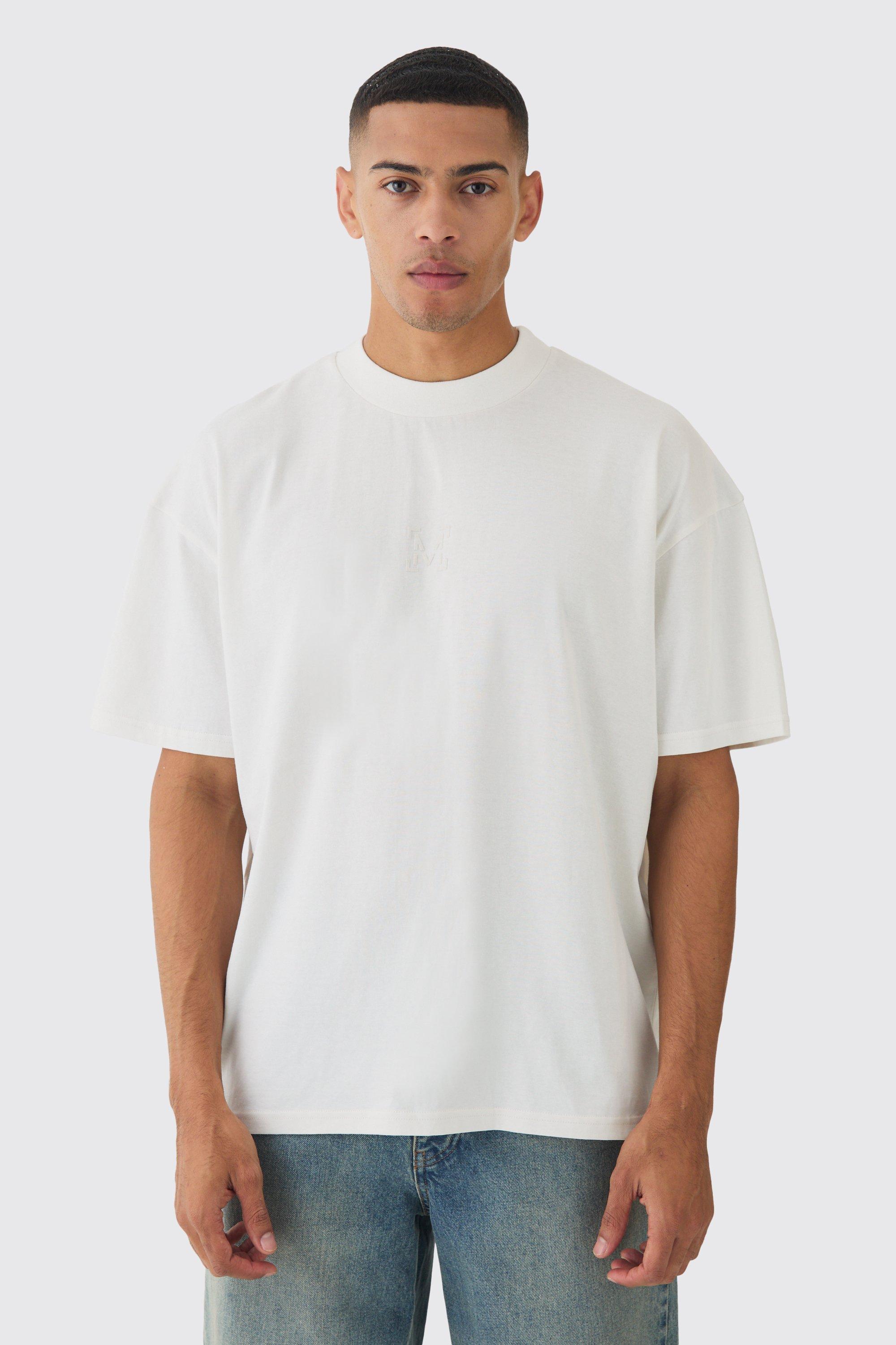 Mens Cream Oversized Extended Neck Heavyweight M Branded T-shirt, Cream