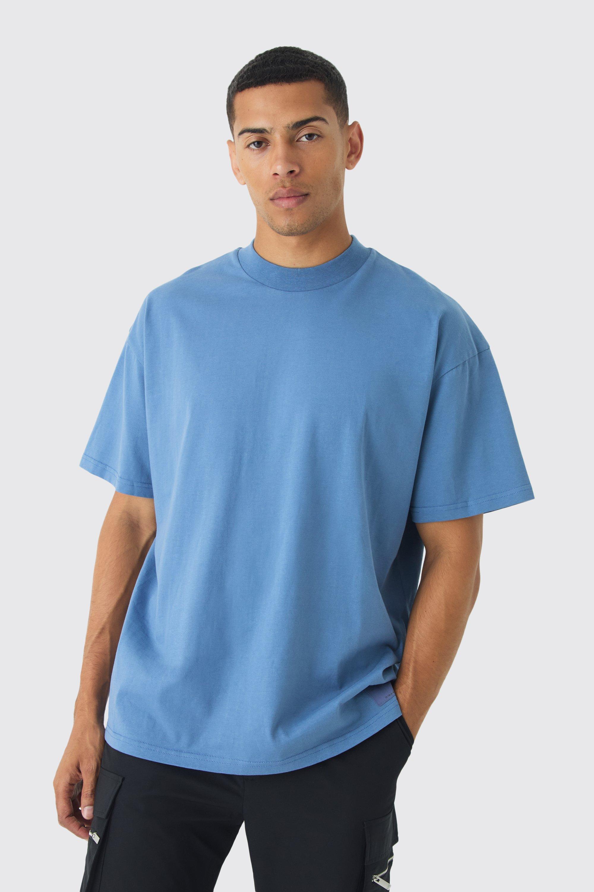 T-shirt oversize pesante con etichetta intessuta e girocollo esteso, Azzurro