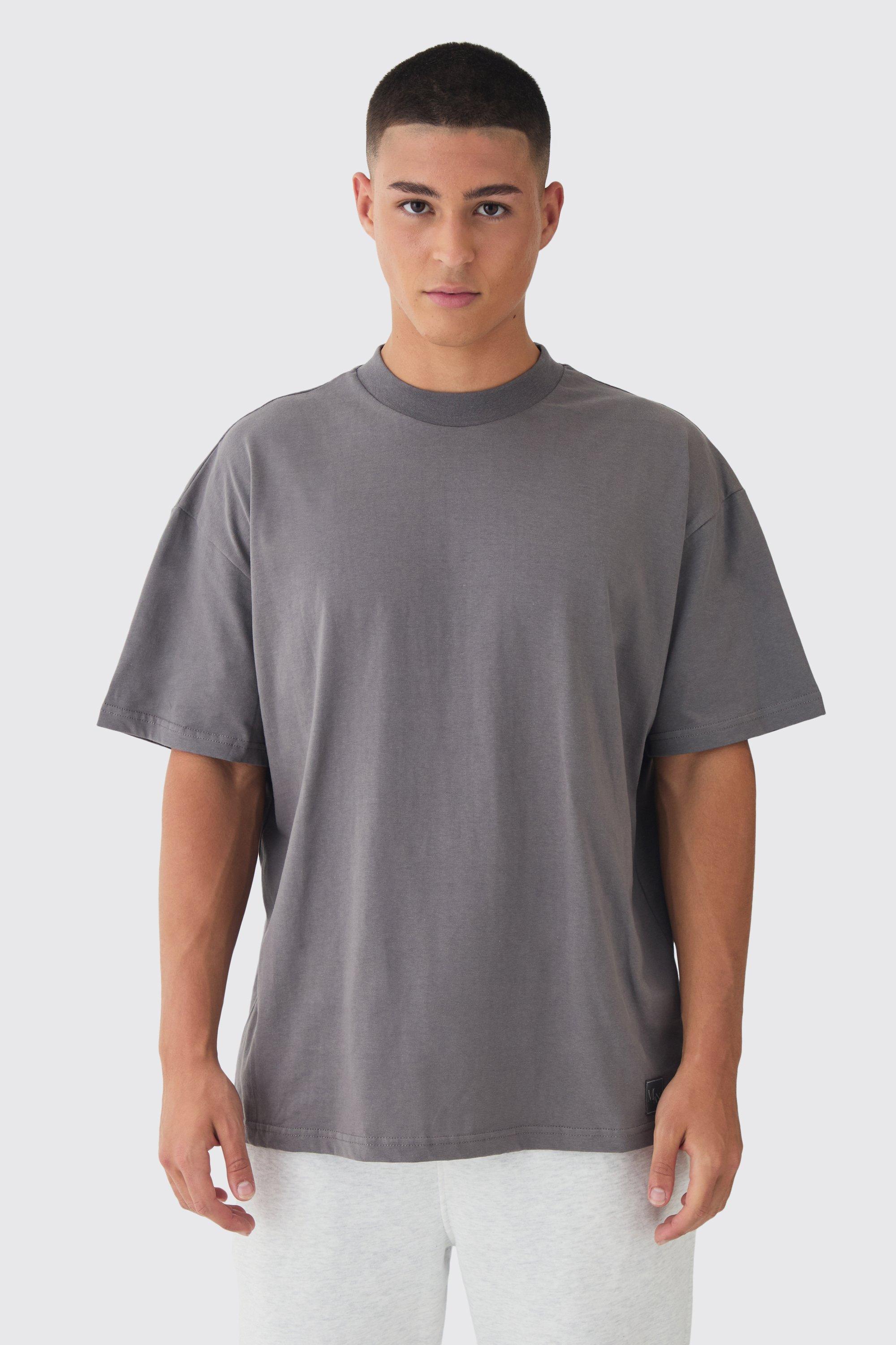 Mens Grey Man Oversized Extended Neck Heavyweight T-shirt, Grey