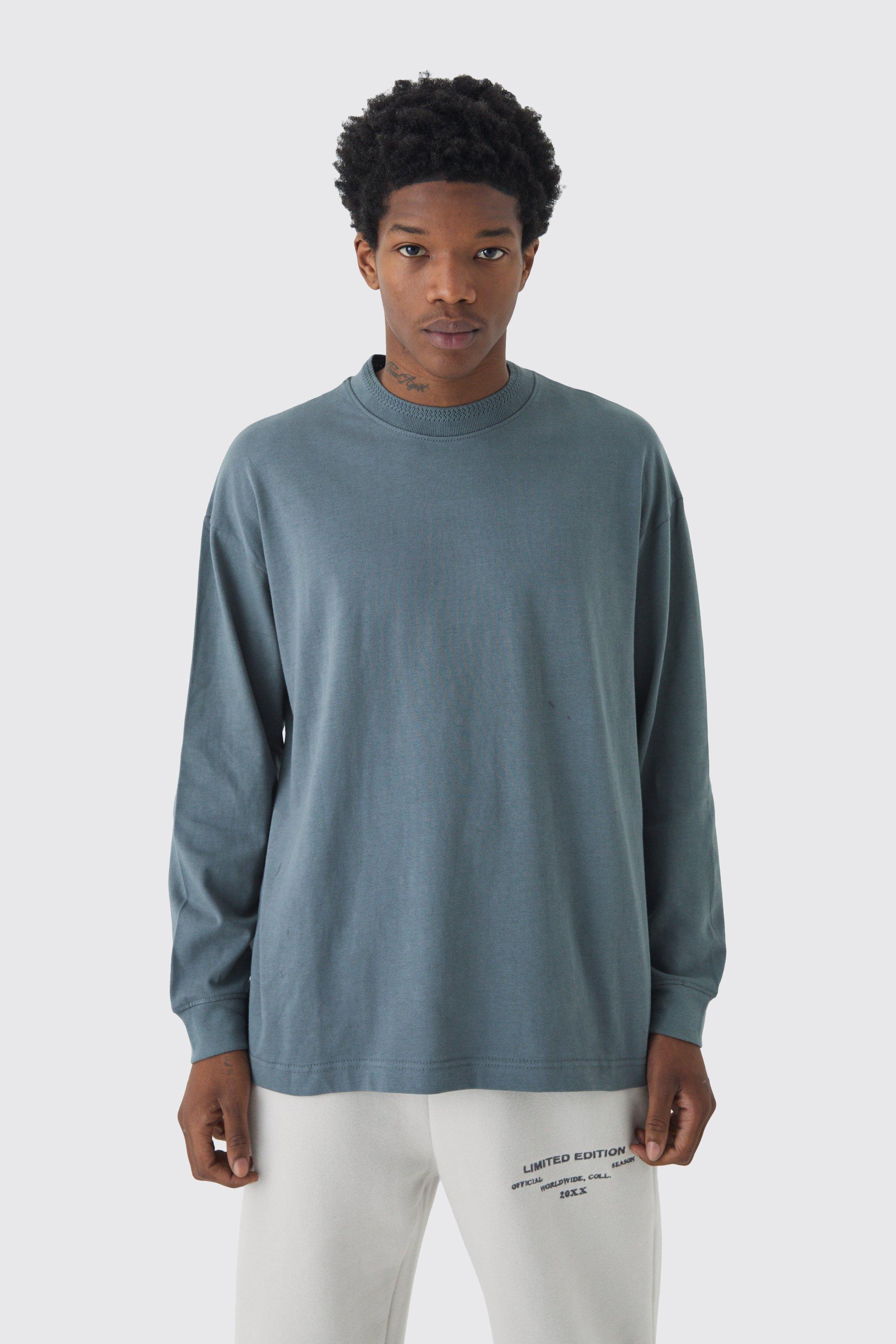 T-shirt oversize pesante a maniche lunghe con collo in jacquard, Grigio