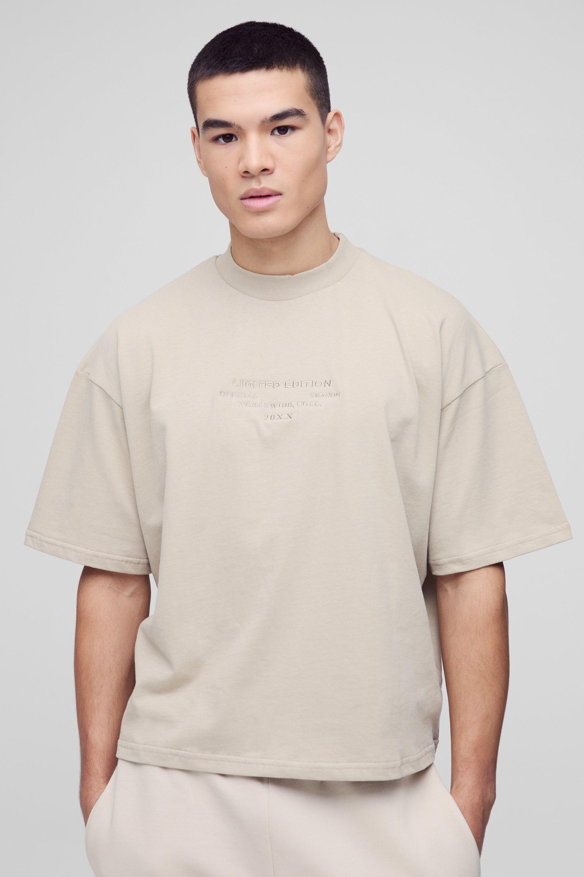 T-shirt squadrata oversize pesante con girocollo esteso, Beige