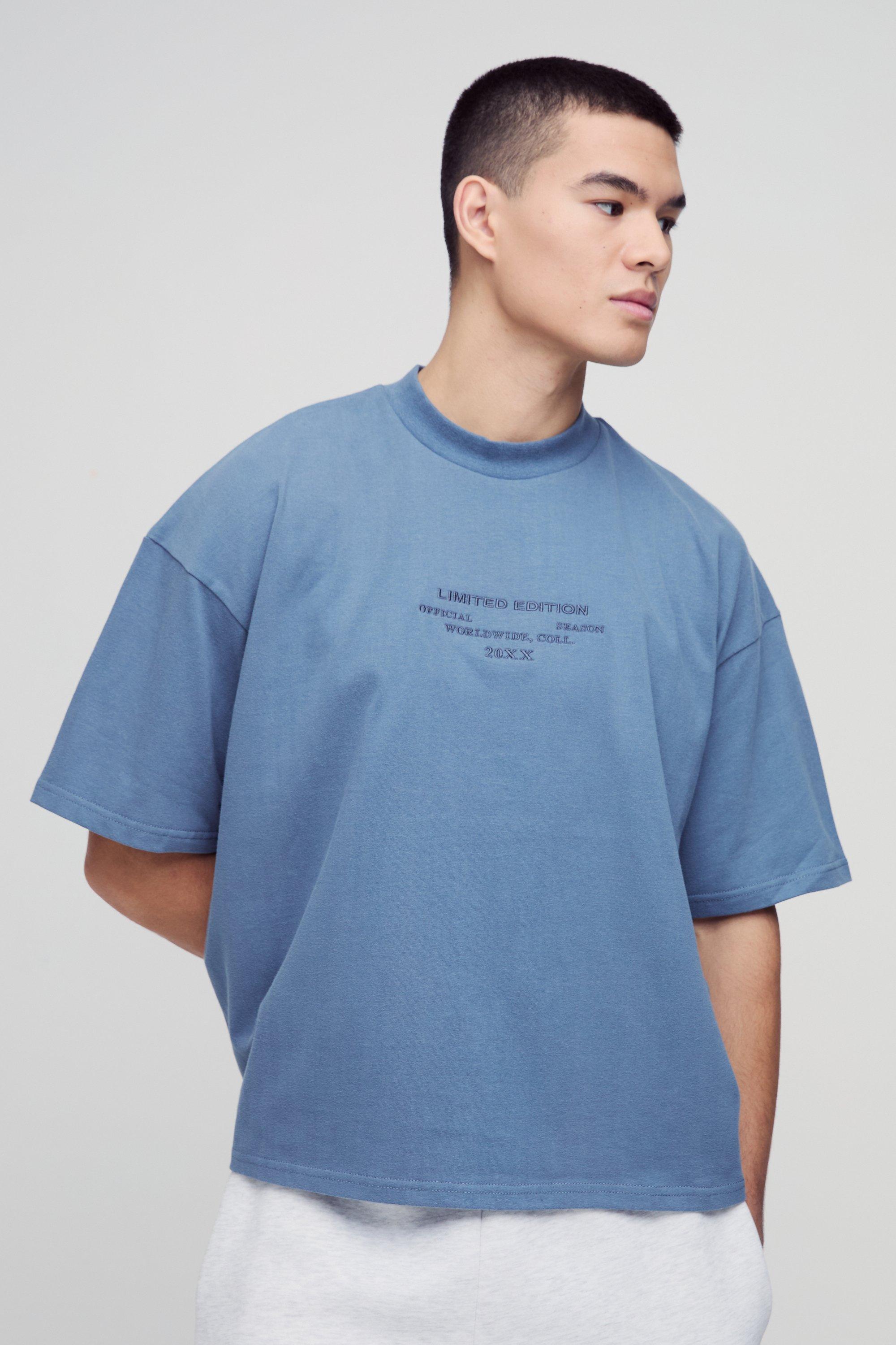 T-shirt squadrata oversize pesante con girocollo esteso, Azzurro