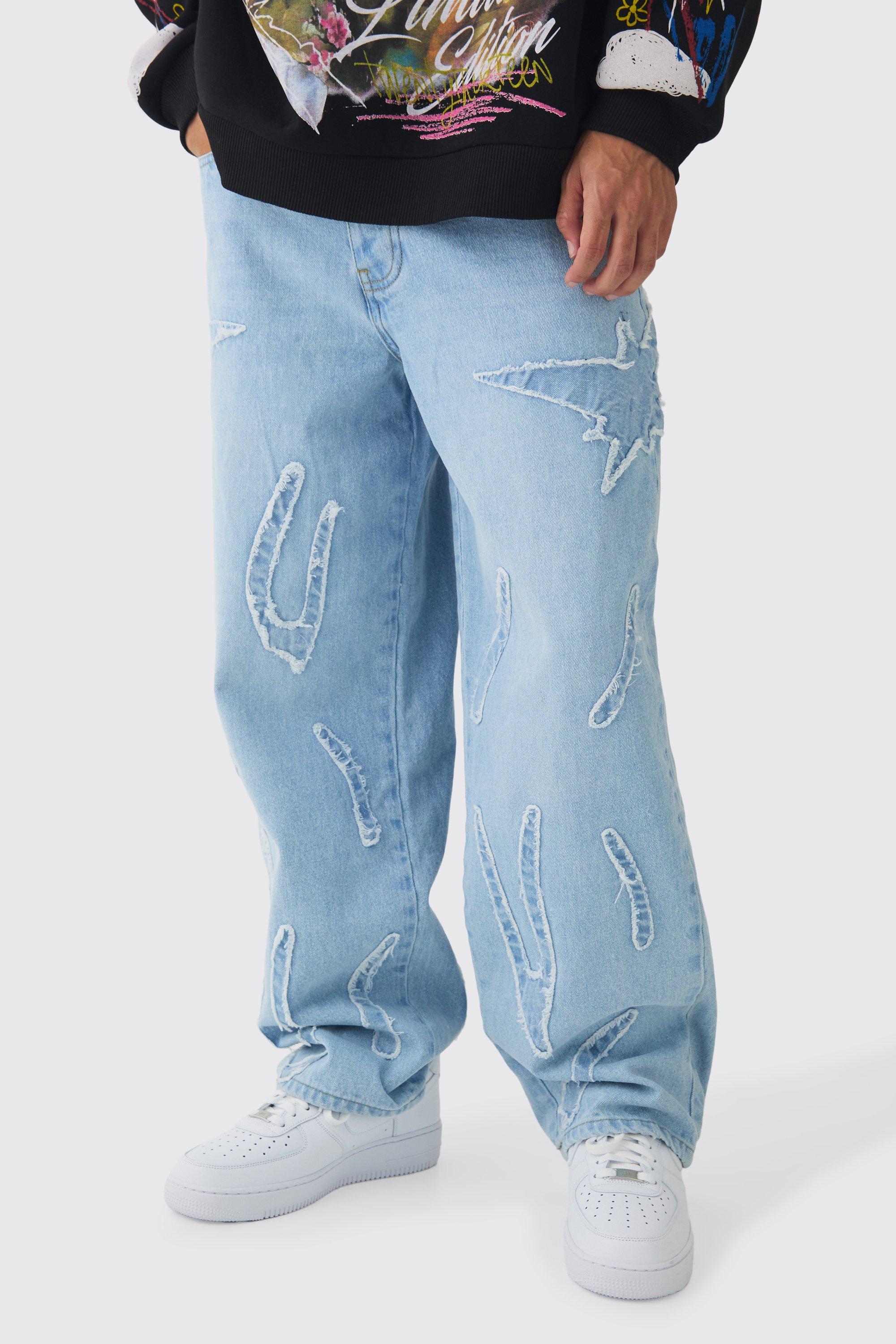 Jeans extra comodi in denim rigido con applique all over e fondo grezzo, Azzurro