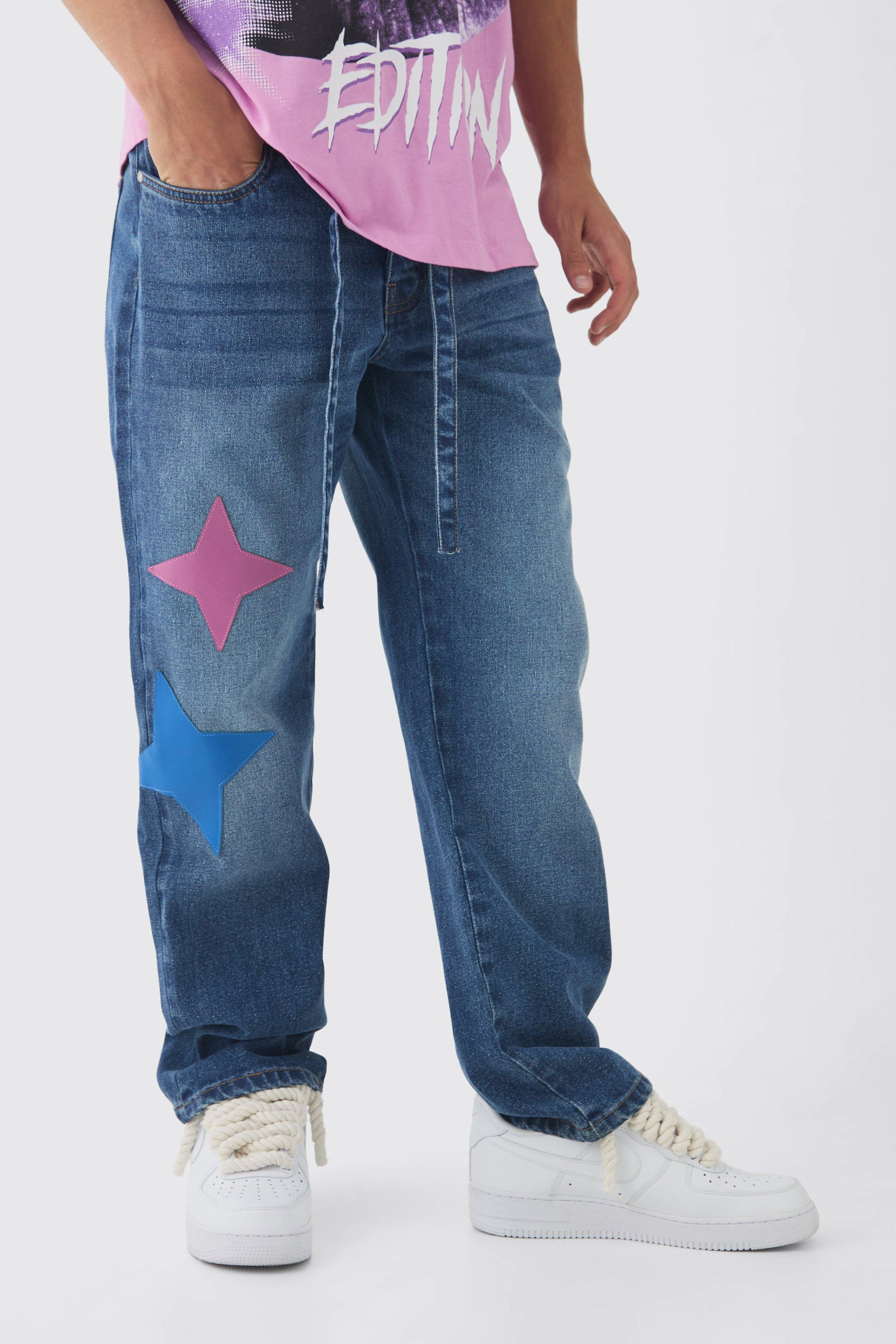 Jeans rilassati in PU in lavaggio rigido colorato con applique a stella, Azzurro