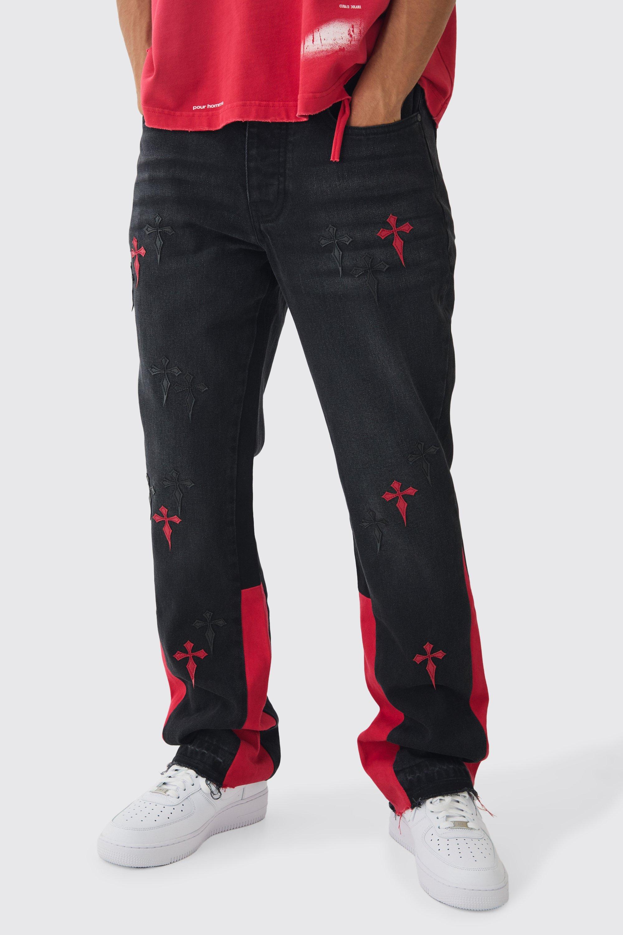 Jeans a zampa Slim Fit in denim rigido slavato con applique incrociate in PU, Nero