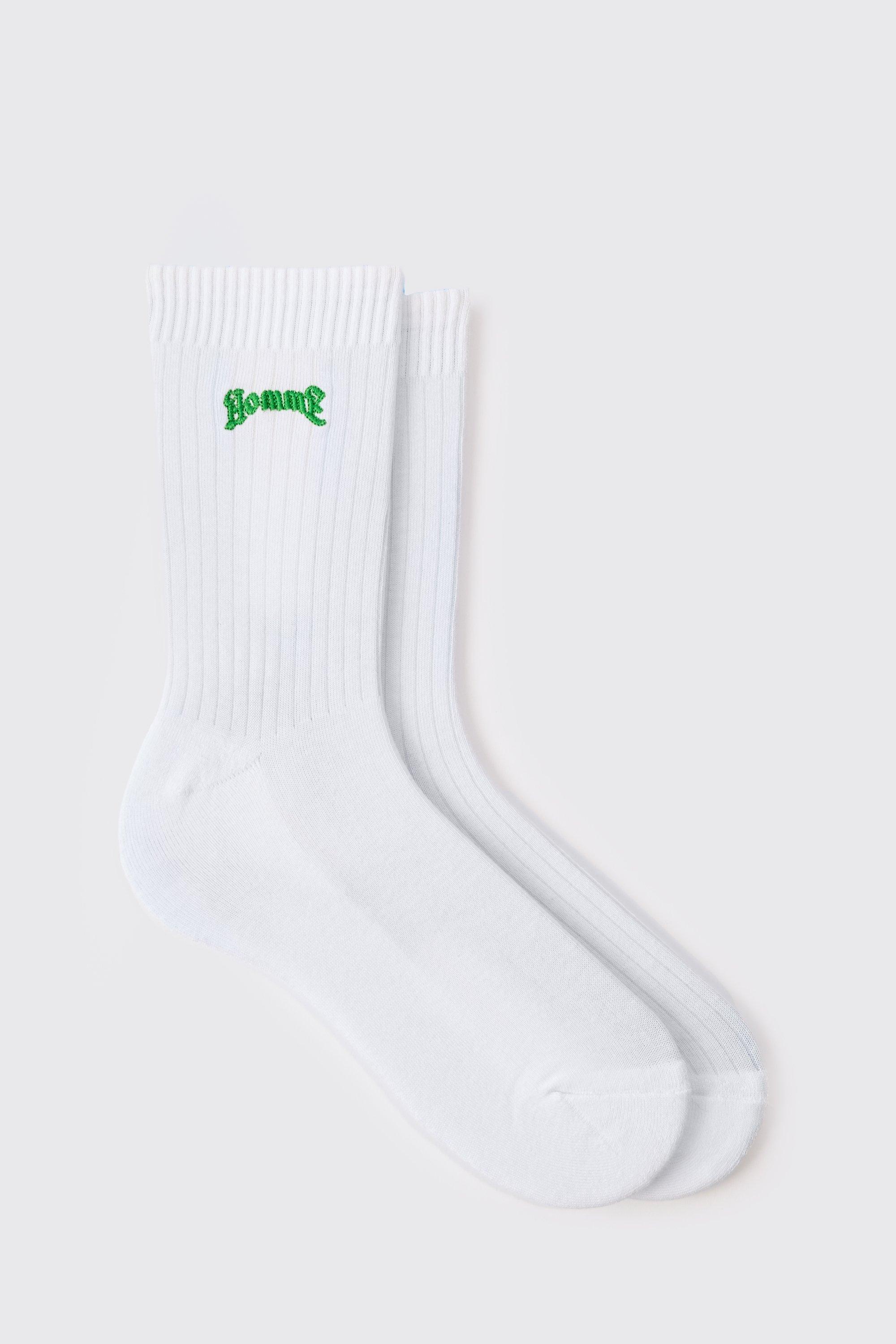 Mens White Homme Embroidered Sports Socks, White