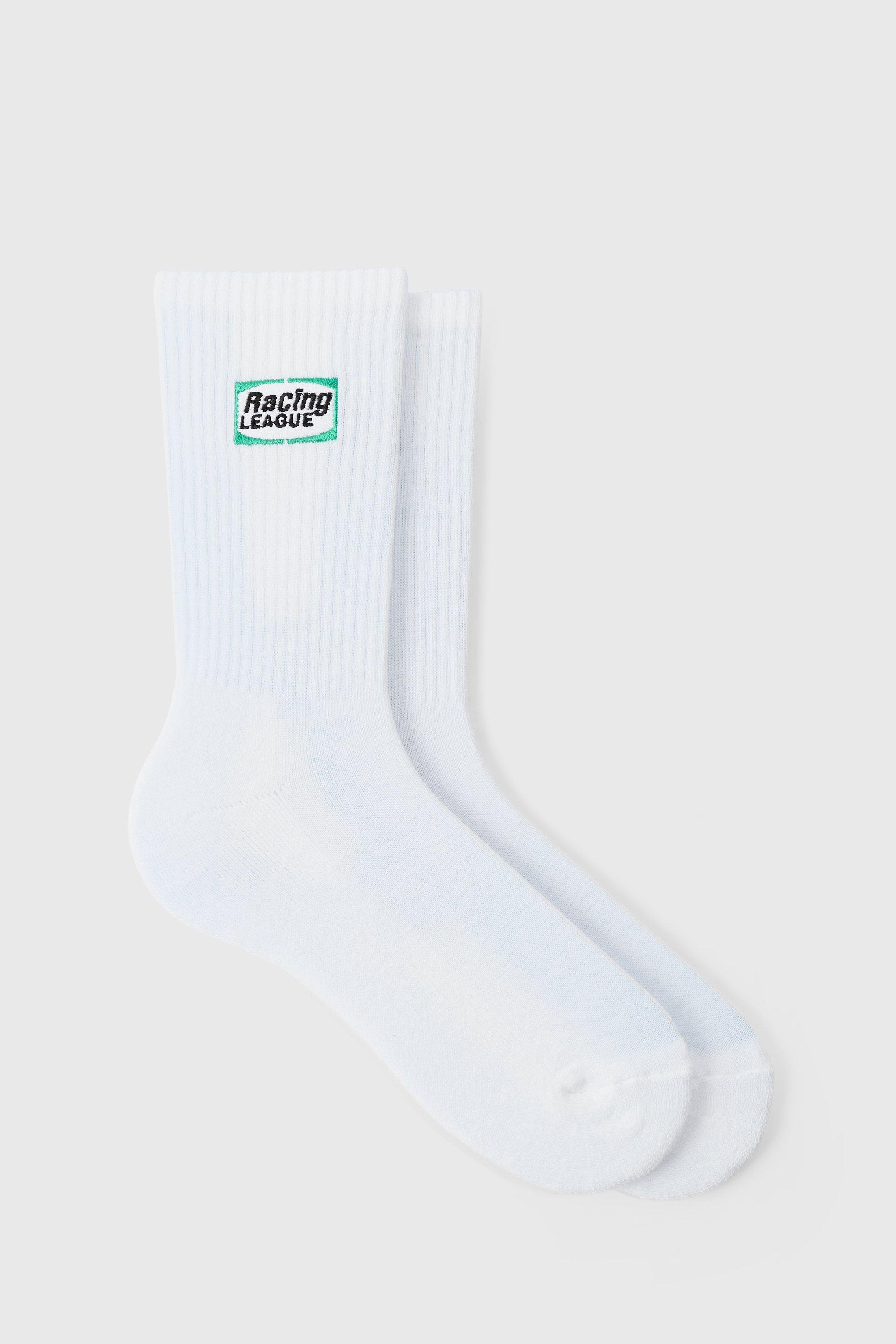 Mens White Moto Racing League Embroidered Socks, White