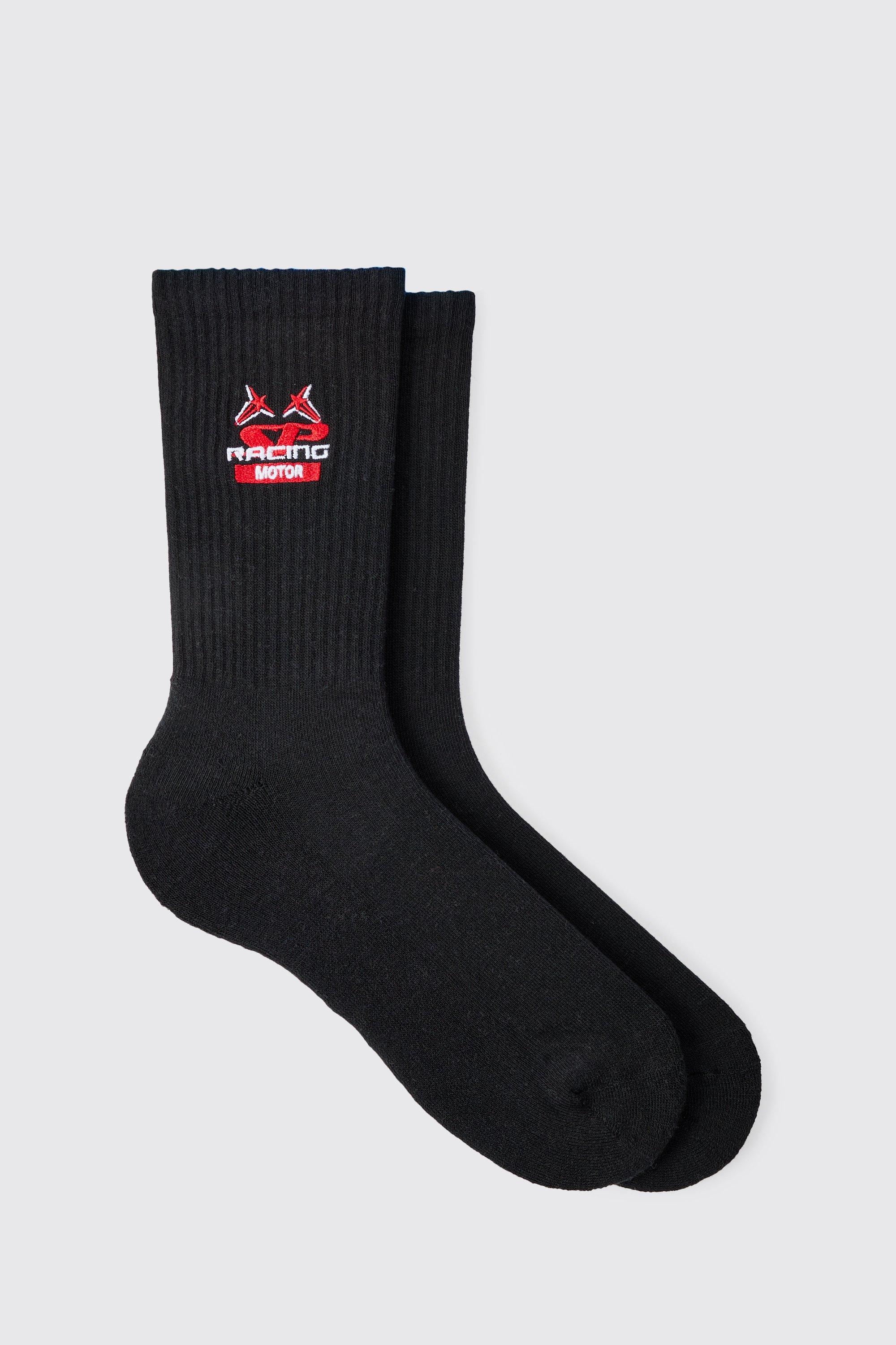 Mens Black Moto Racing Motor Embroidered Socks, Black