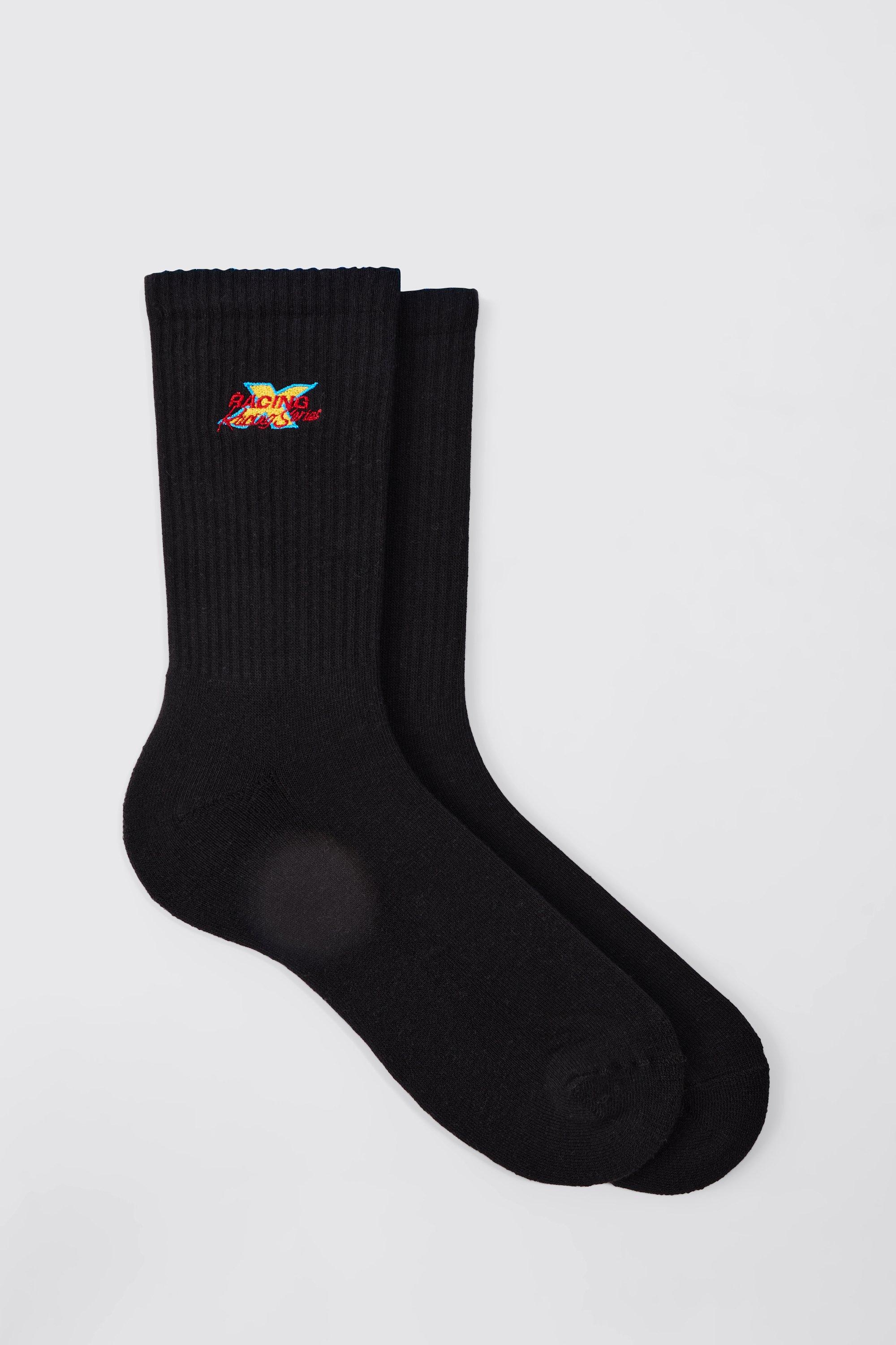 Mens Black Moto Racing Series Embroidered Socks, Black