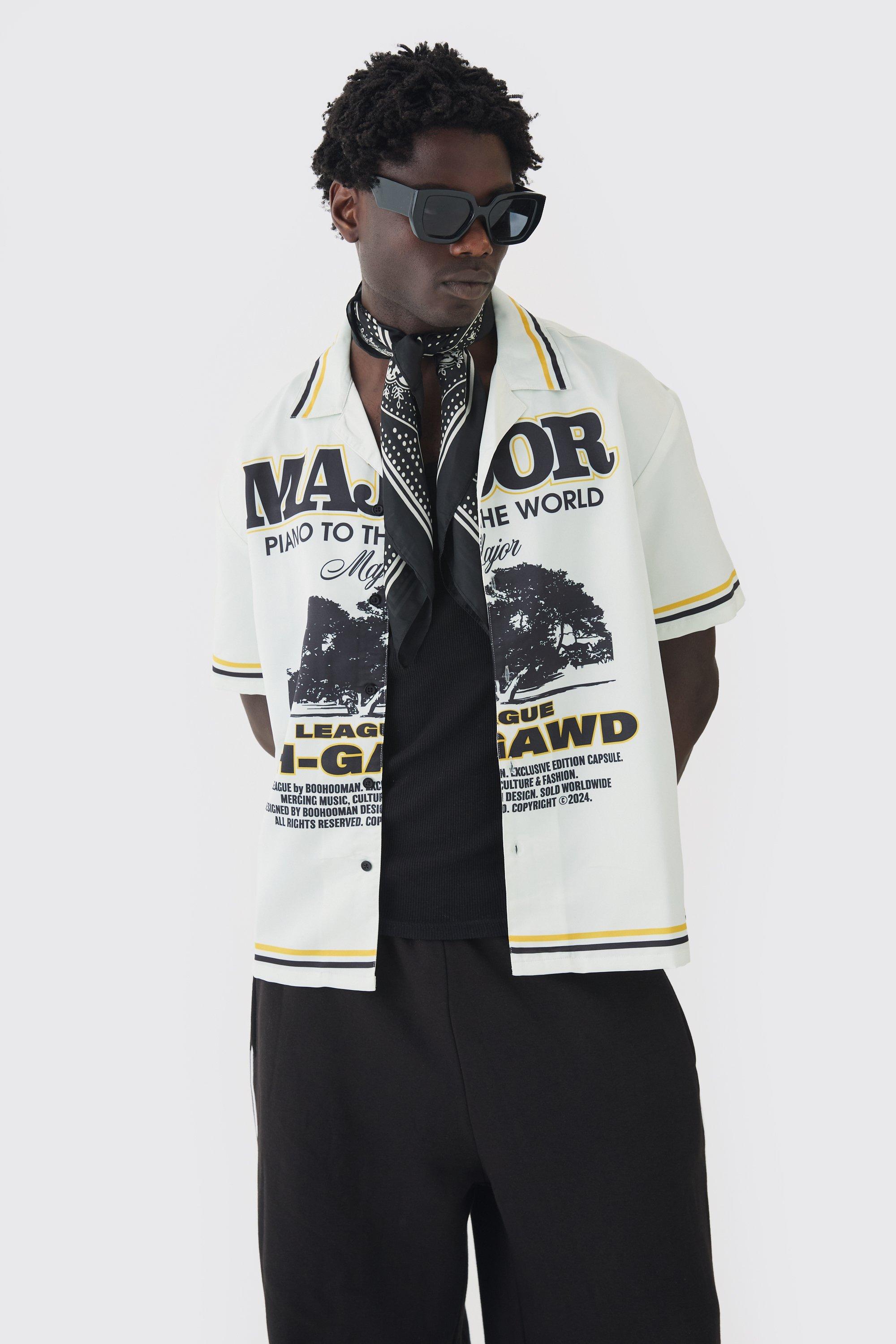 Camicia squadrata oversize con stampa di slogan Major, Cream