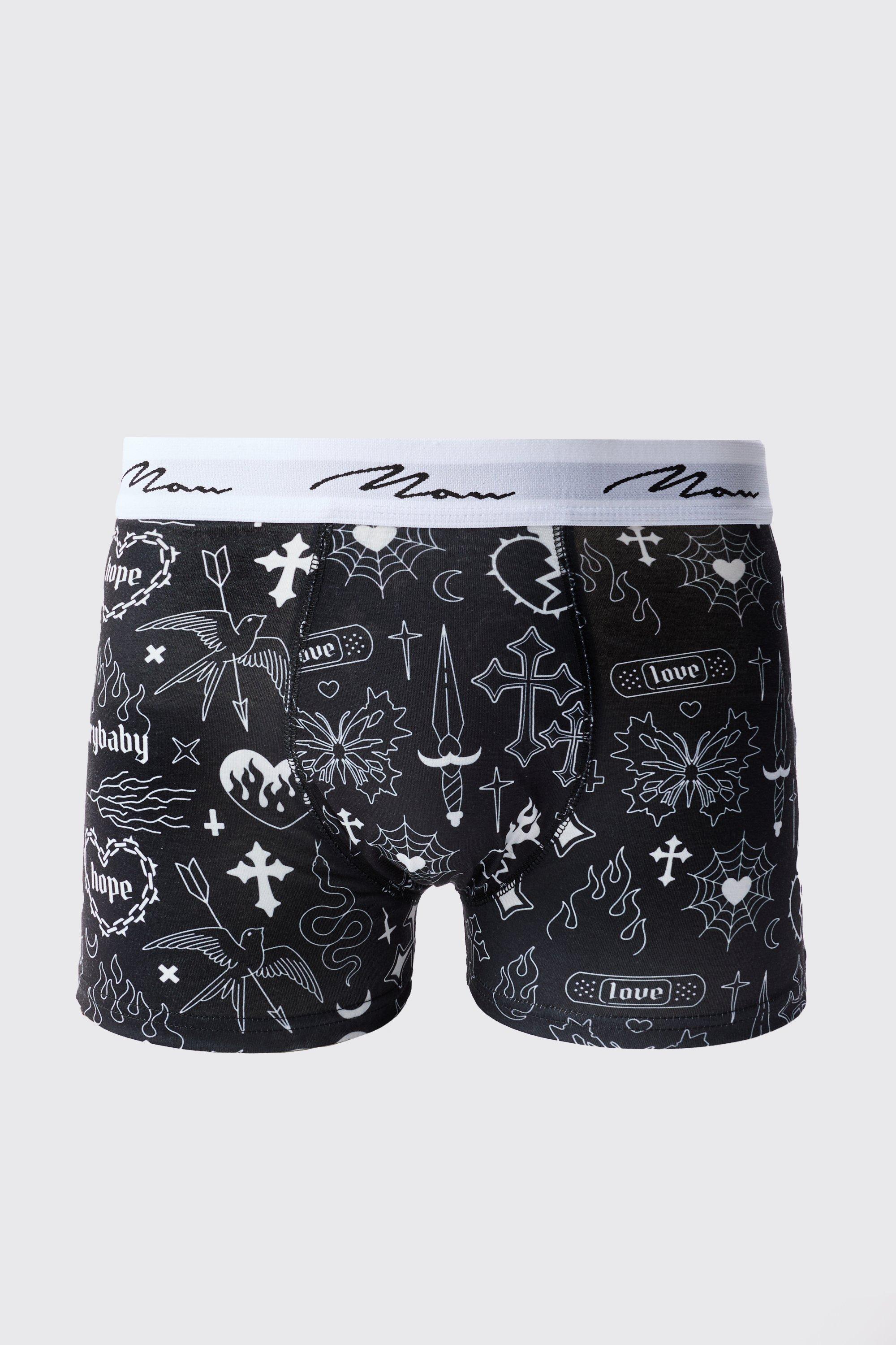 Boxer con stampa gotica e firma Man, Nero