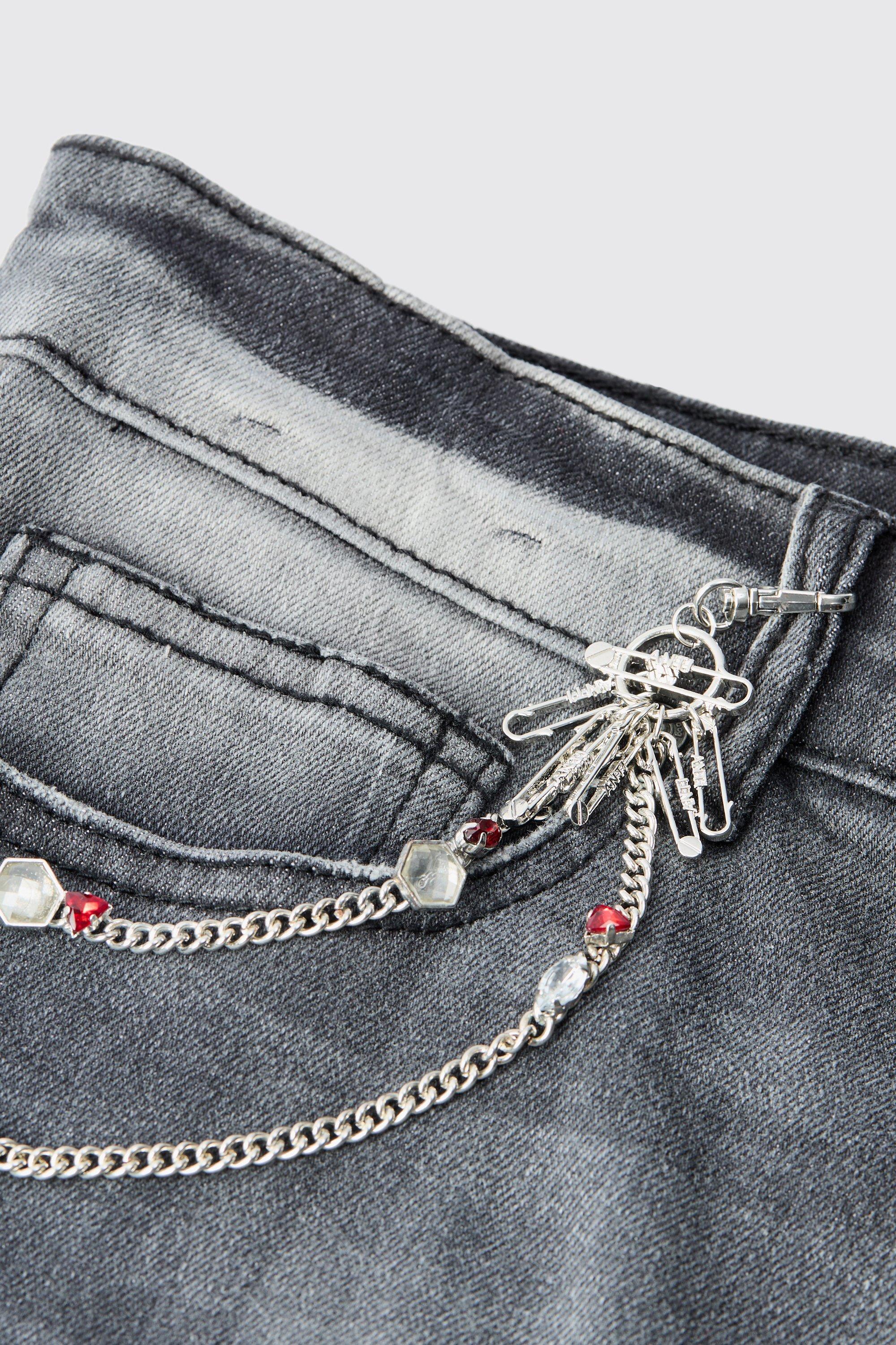 Mens Grey Gem Detail Jeans Chain In Silver, Grey