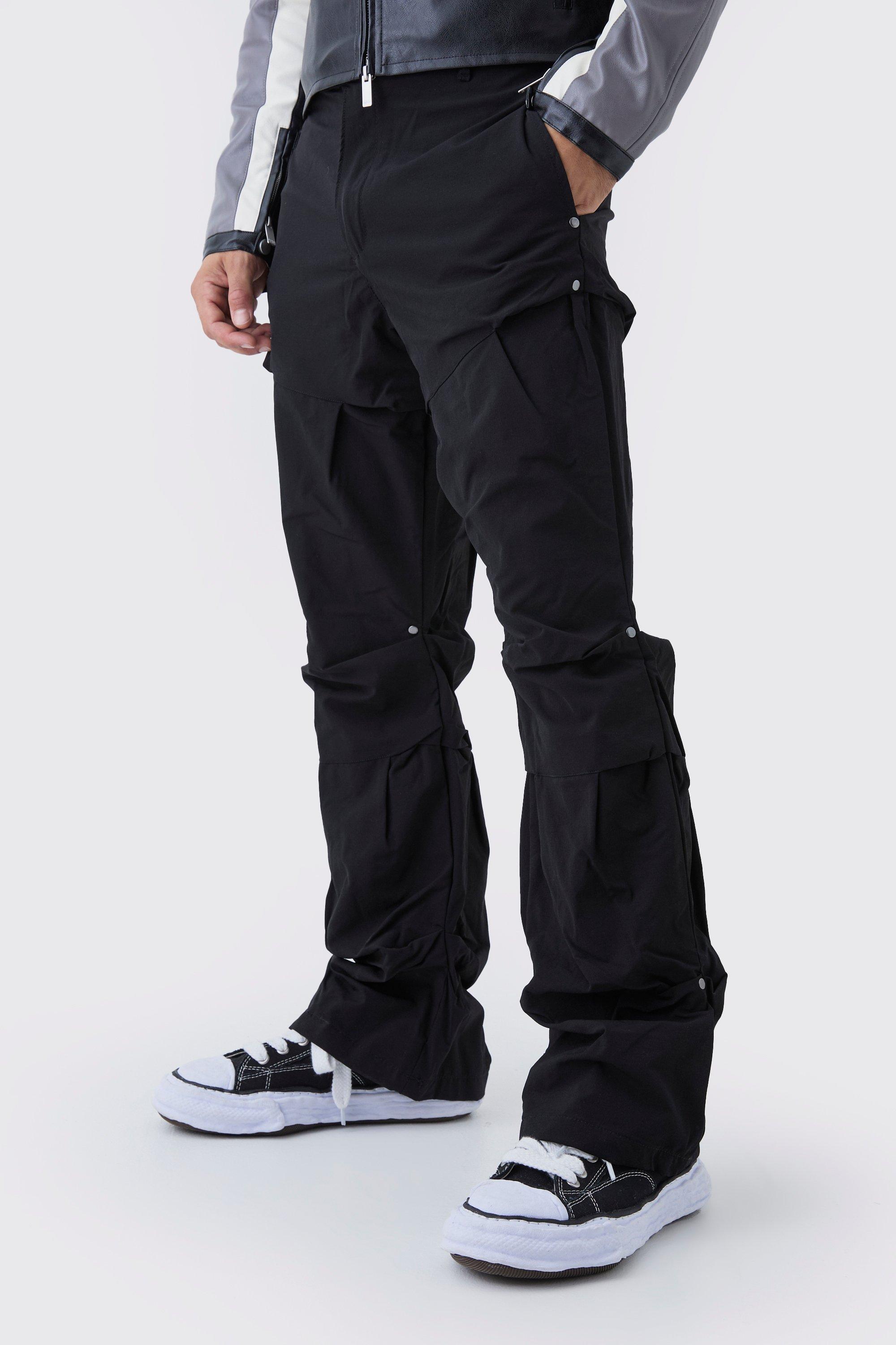 Mens Black Slim Fit Flare Stacked Trousers With Ruched Detail, Black