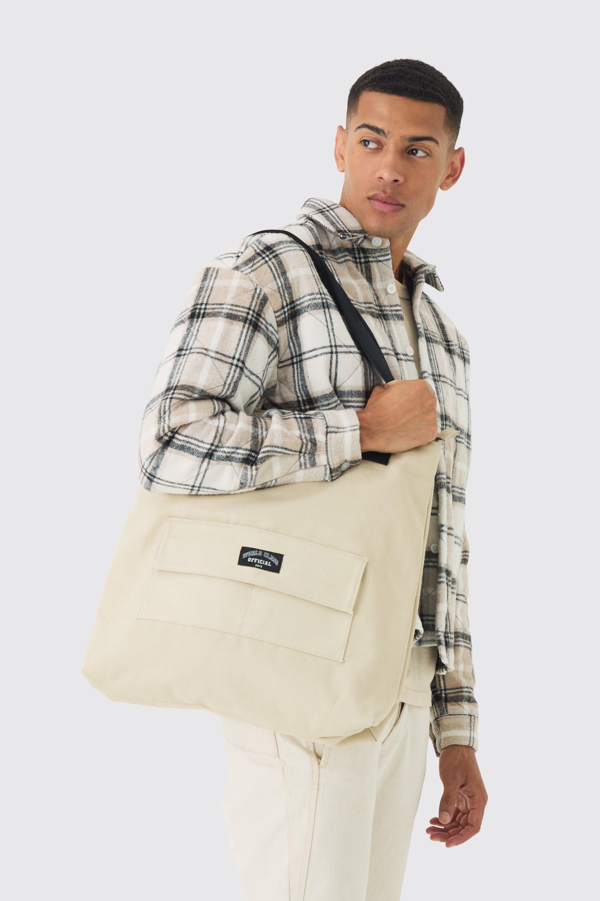 Borsa Tote color ecru con logo Man, Cream