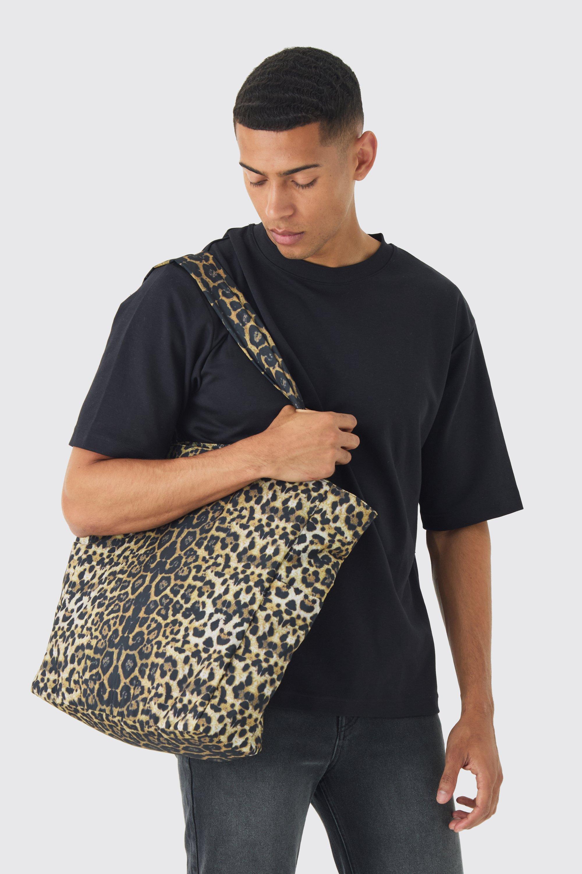 Mens Yellow Oversized Tote Bag In Leopard Print, Yellow