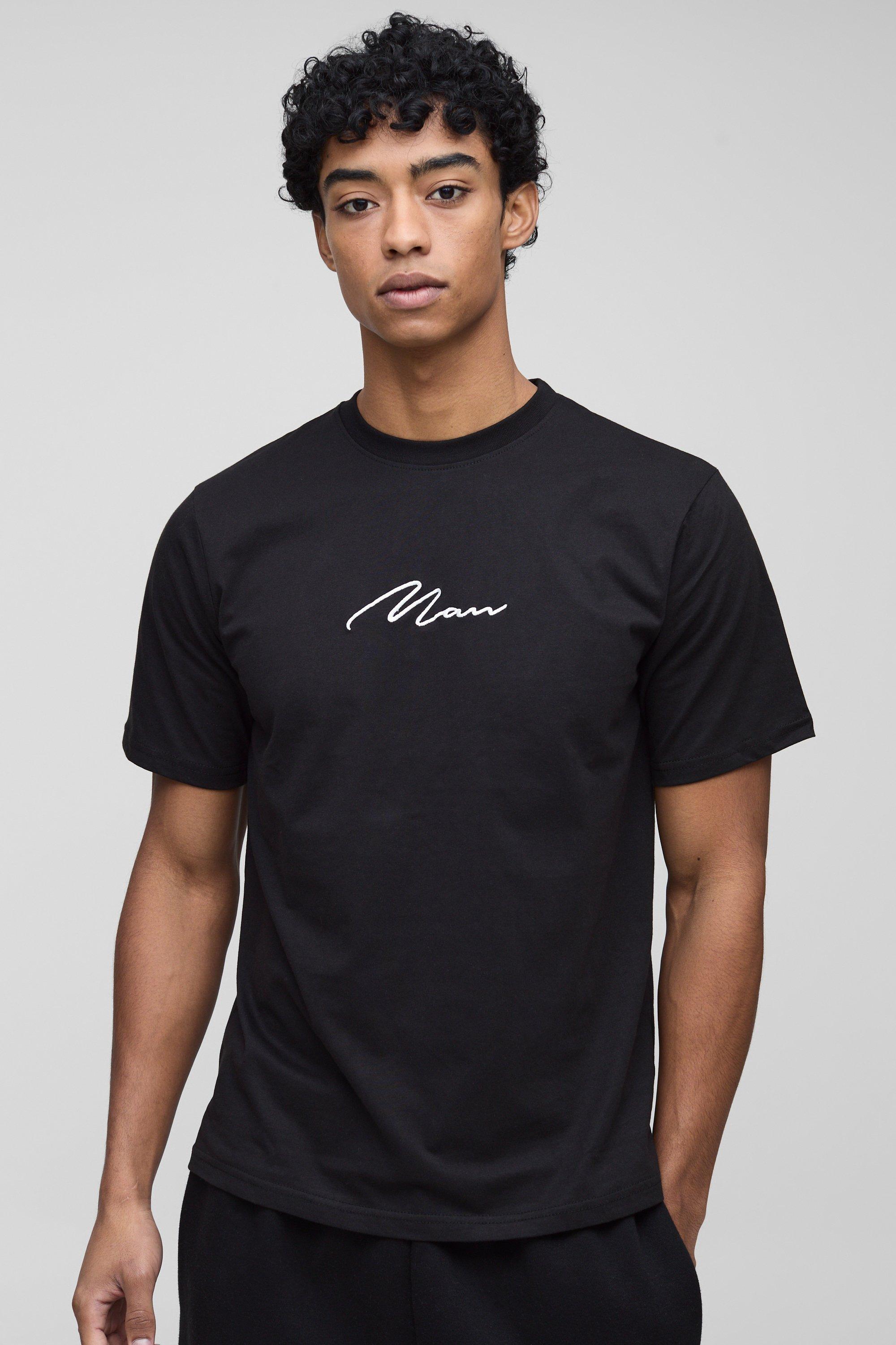 T-shirt con ricamo di firma Man, Nero